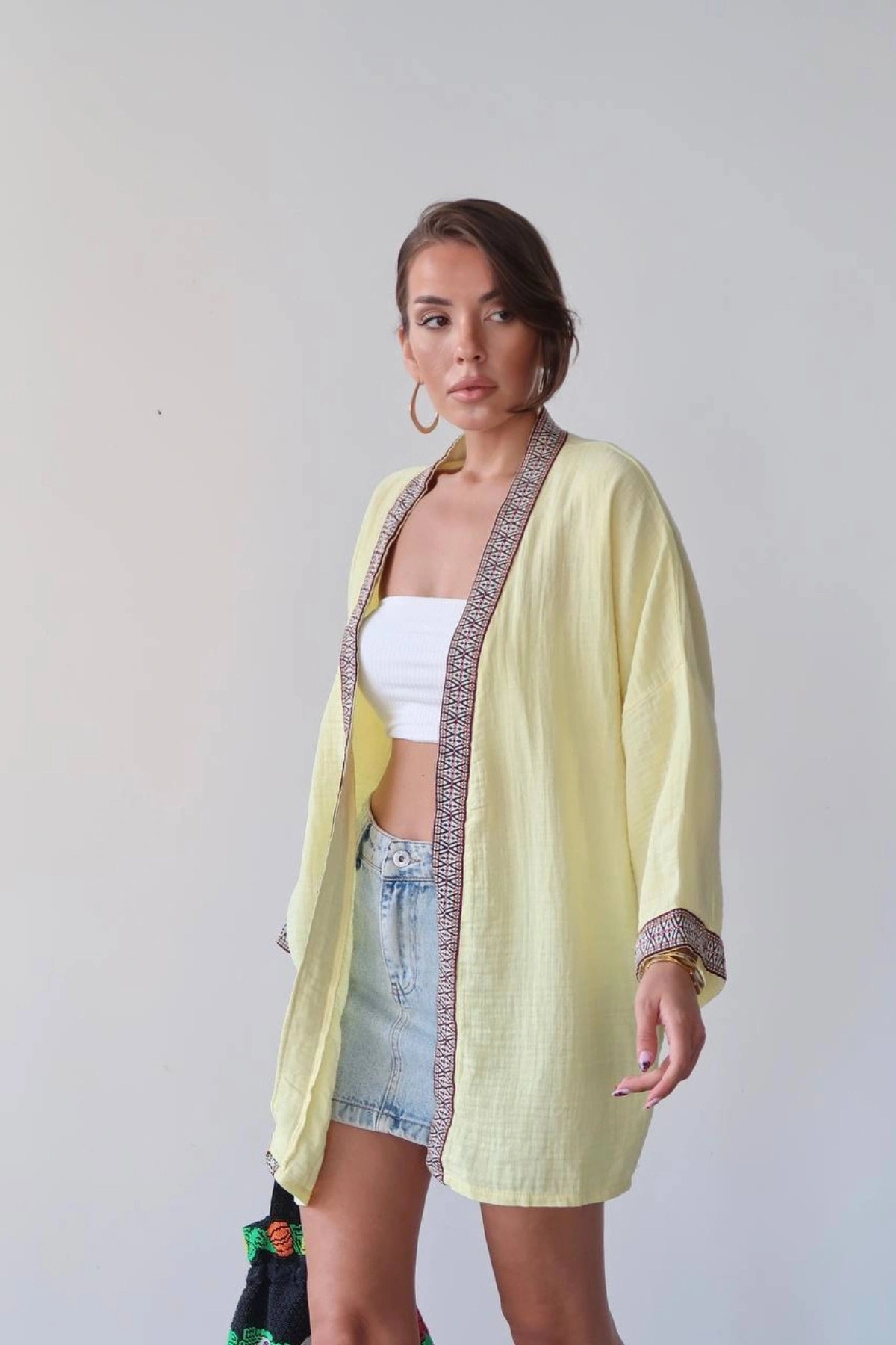 Kadın Limon Sarısı Nakışlı Bohem Stil Premium Kalite Kimono Hırka