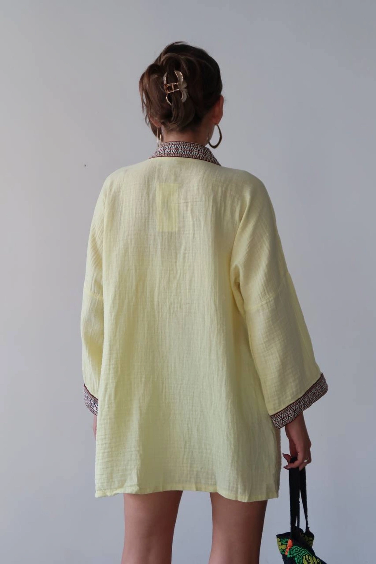 Kadın Limon Sarısı Nakışlı Bohem Stil Premium Kalite Kimono Hırka