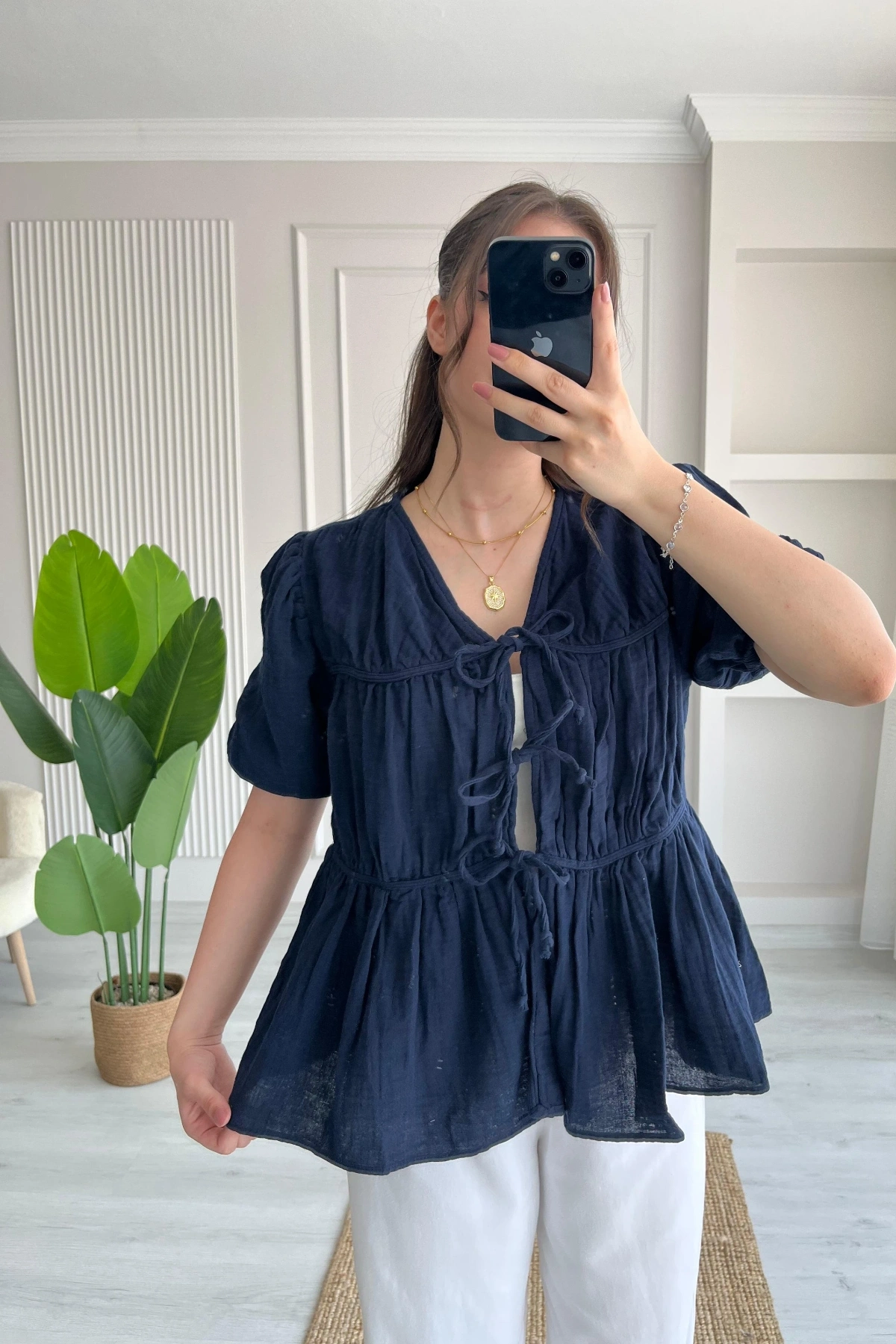 Kadın Lacivert Bağlama Detaylı Oversize Müslin Bluz