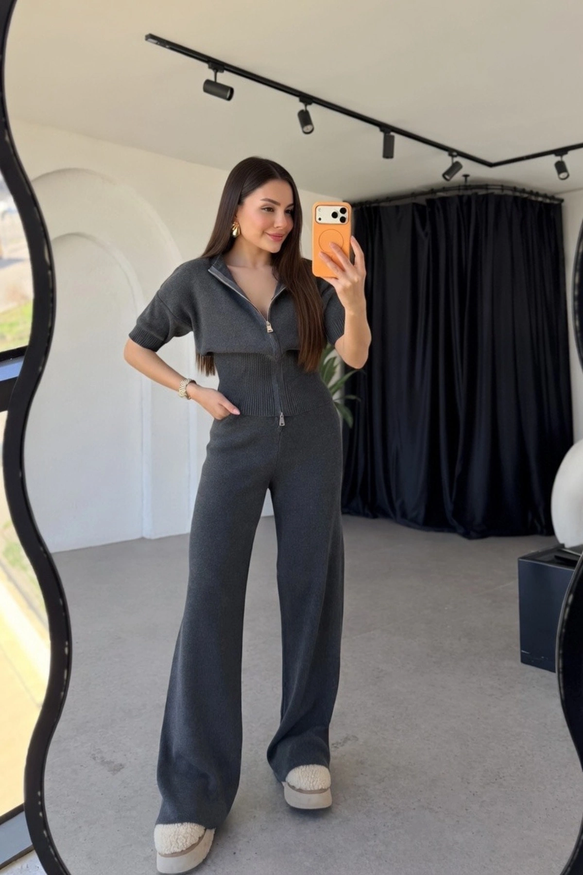 Kadın Antrasit Yarım Fermuarlı Crop Üst Geniş Paça Pantolon İkili Takım