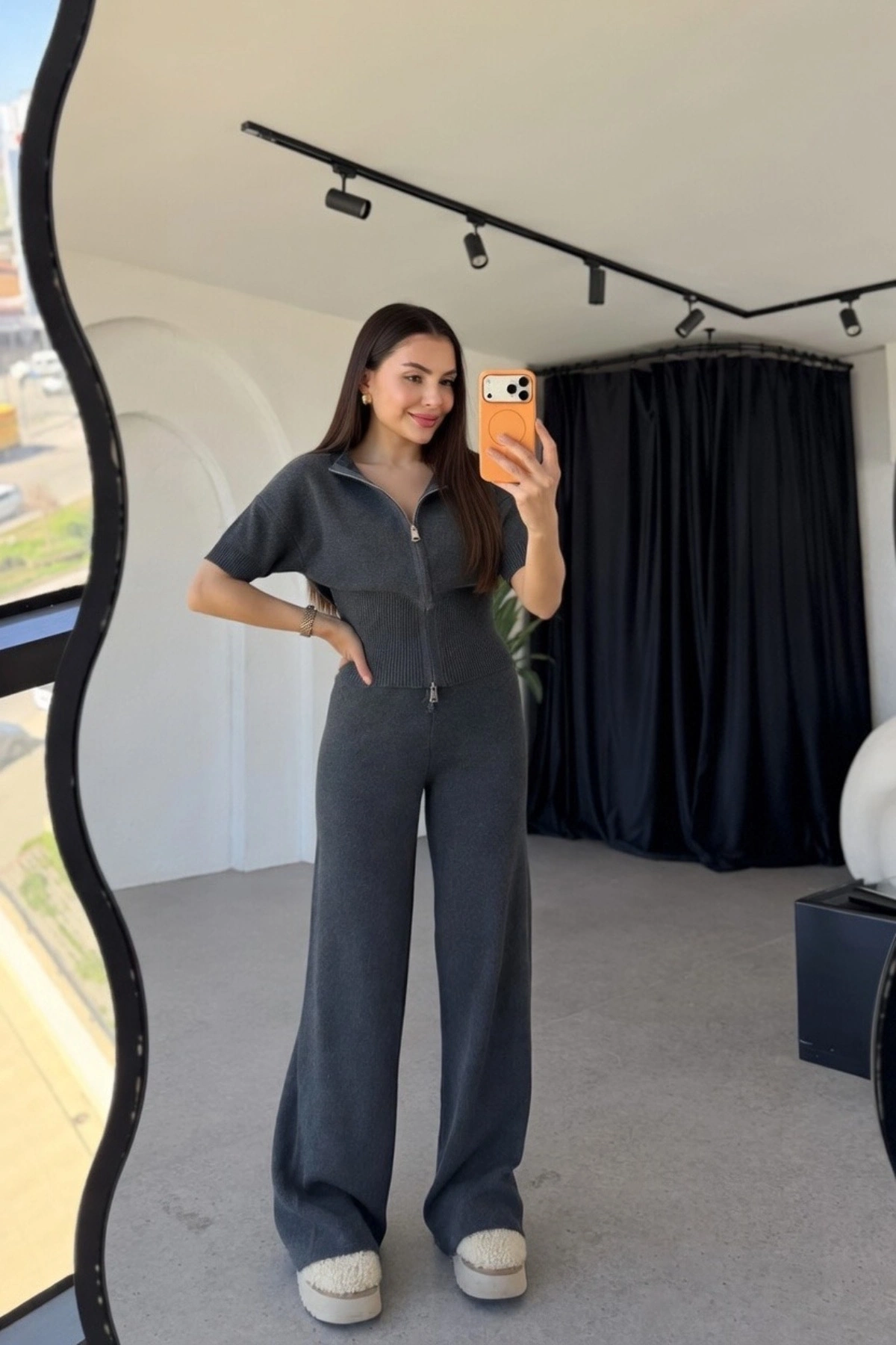 Kadın Antrasit Yarım Fermuarlı Crop Üst Geniş Paça Pantolon İkili Takım