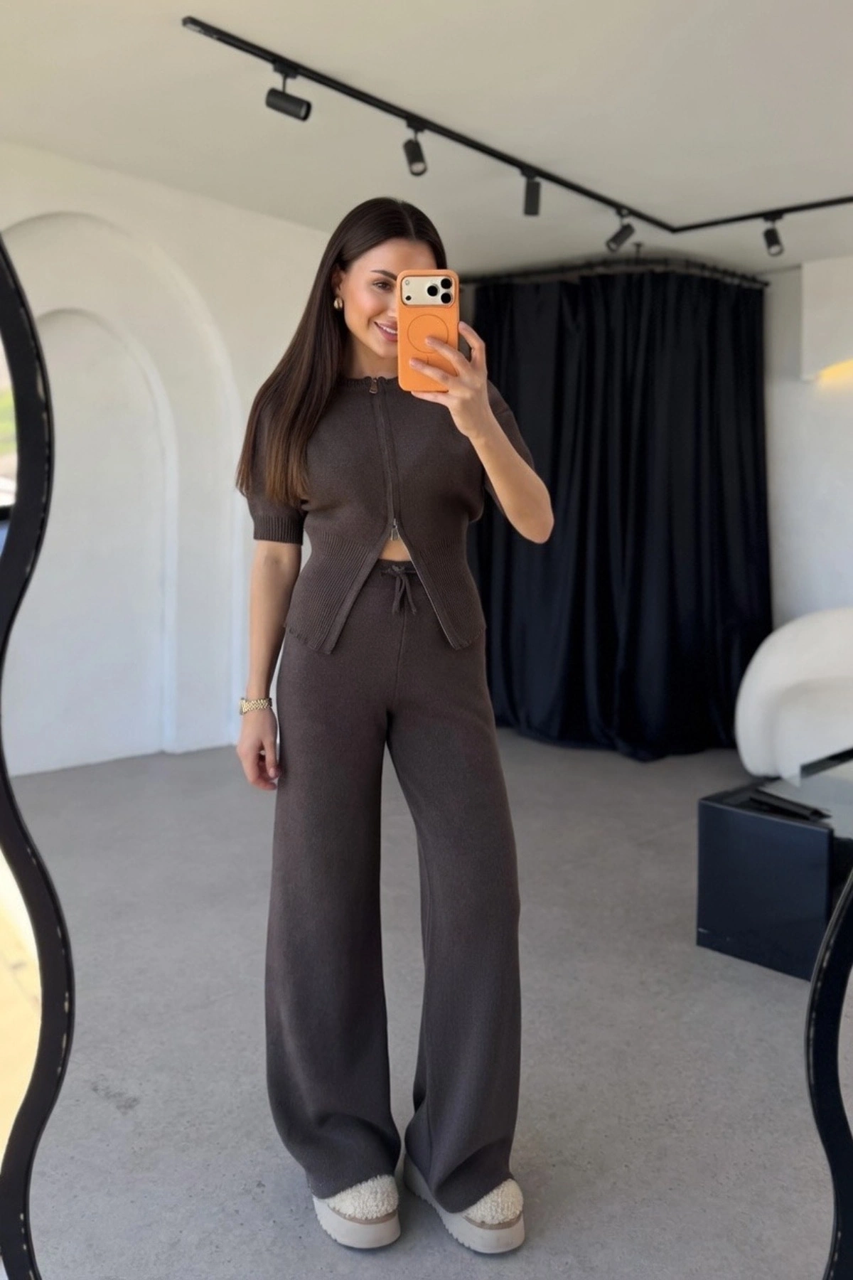 Kadın Kahverengi Yarım Fermuarlı Crop Üst Geniş Paça Pantolon İkili Takım