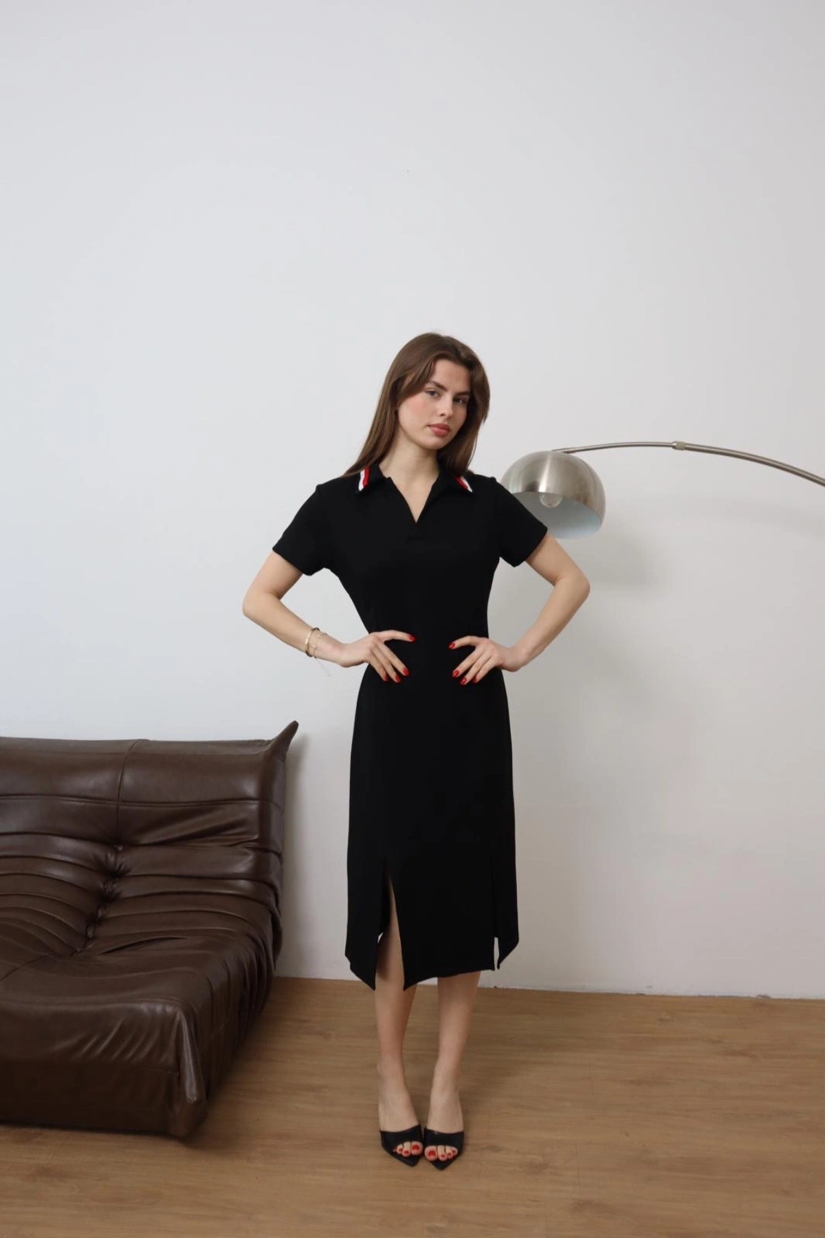 Kadın Siyah Şerit Polo Yaka Detayli Basic Midi  Elbise