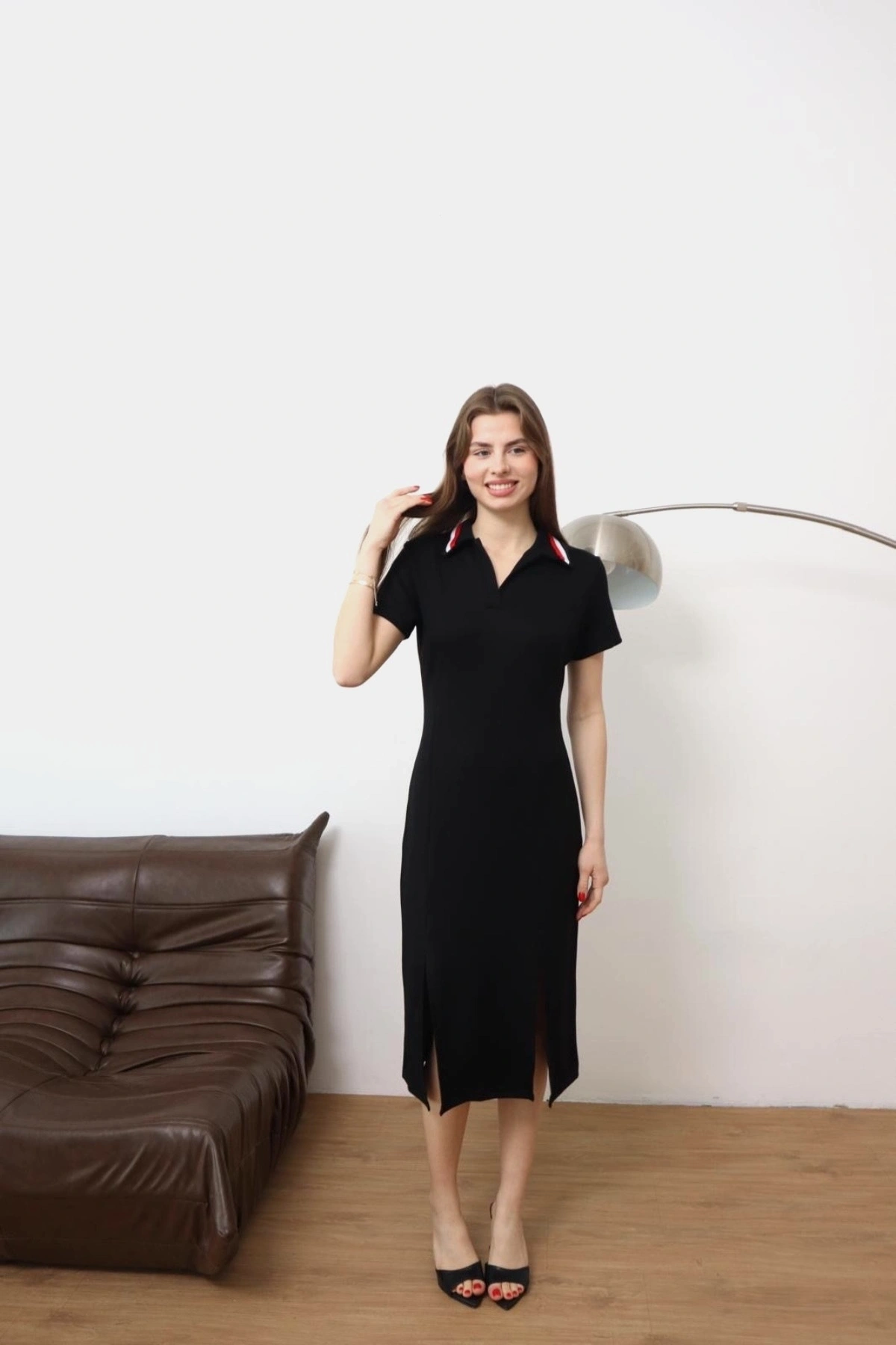 Kadın Siyah Şerit Polo Yaka Detayli Basic Midi  Elbise