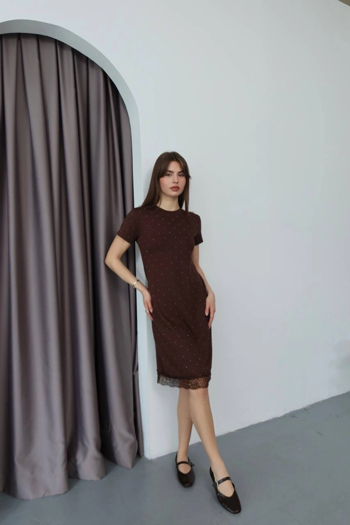 Kadın Kahverengi Taş Ve Dantel Detaylı Kısa Kol Bisiklet Yaka Midi Boy Elbise