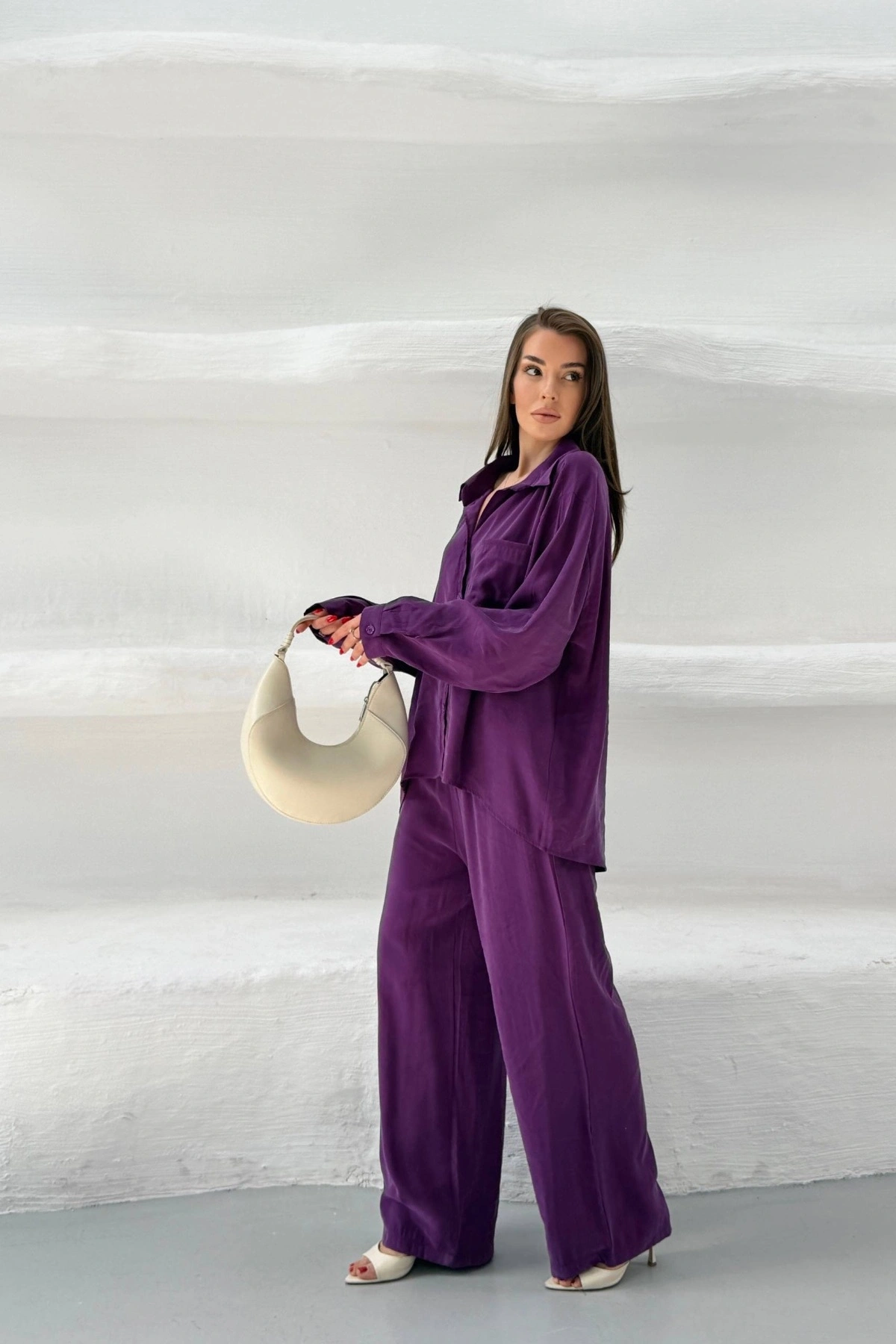 Kadın Lacivert Oversize Şık Tensel Kumaş Gömlek Geniş Paça Pantolon Takım Rahat Kesim İkili Premium Takım