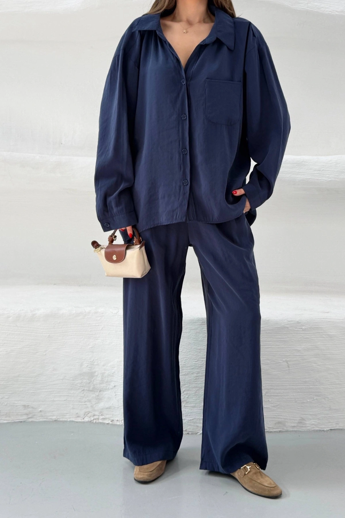 Kadın Lacivert Oversize Şık Tensel Kumaş Gömlek Geniş Paça Pantolon Takım Rahat Kesim İkili Premium Takım