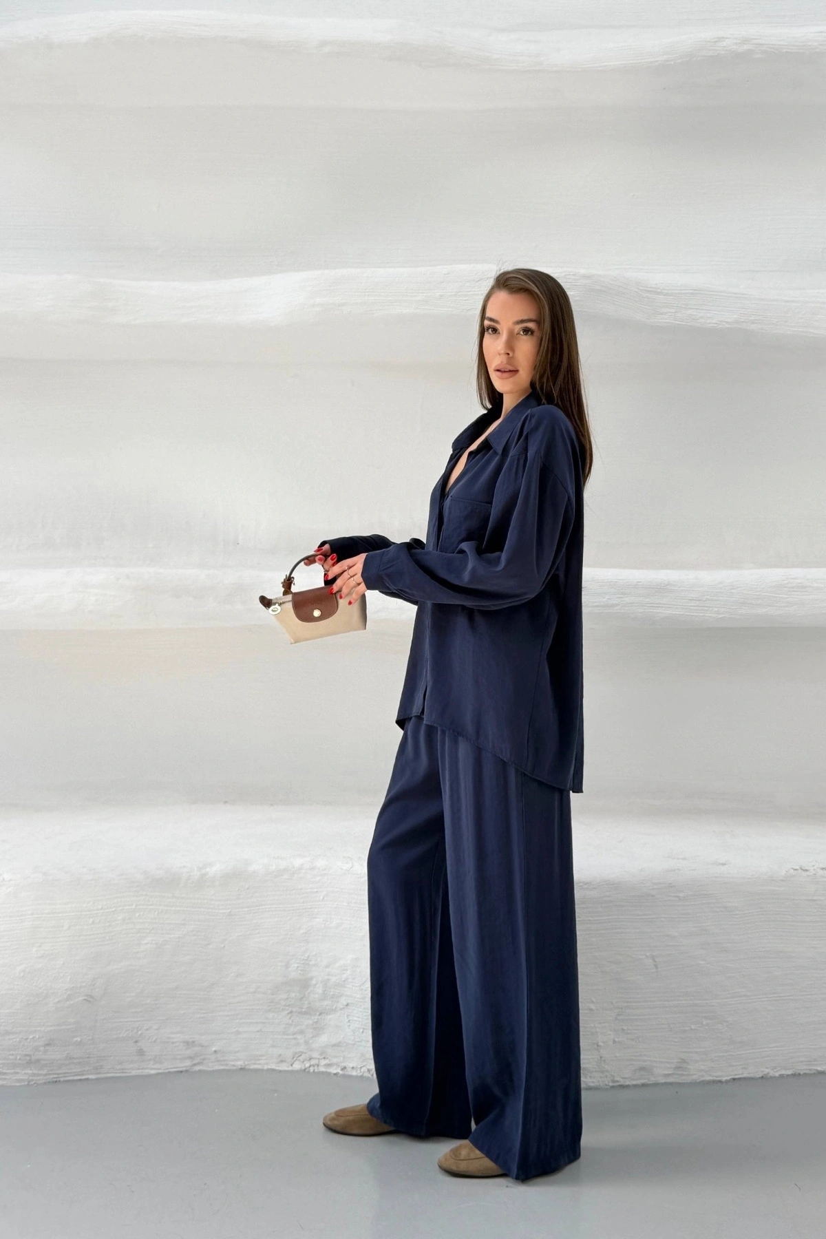 Kadın Lacivert Oversize Şık Tensel Kumaş Gömlek Geniş Paça Pantolon Takım Rahat Kesim İkili Premium Takım