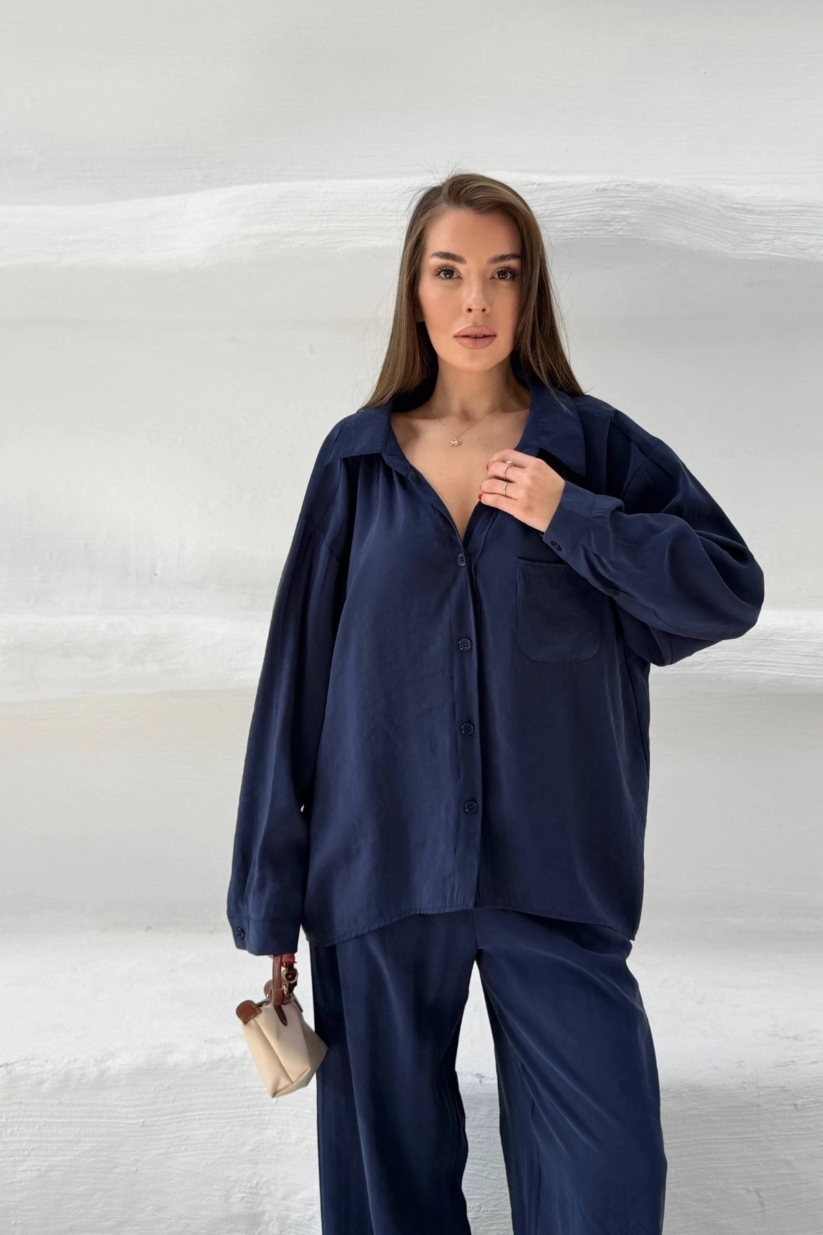 Kadın Lacivert Oversize Şık Tensel Kumaş Gömlek Geniş Paça Pantolon Takım Rahat Kesim İkili Premium Takım