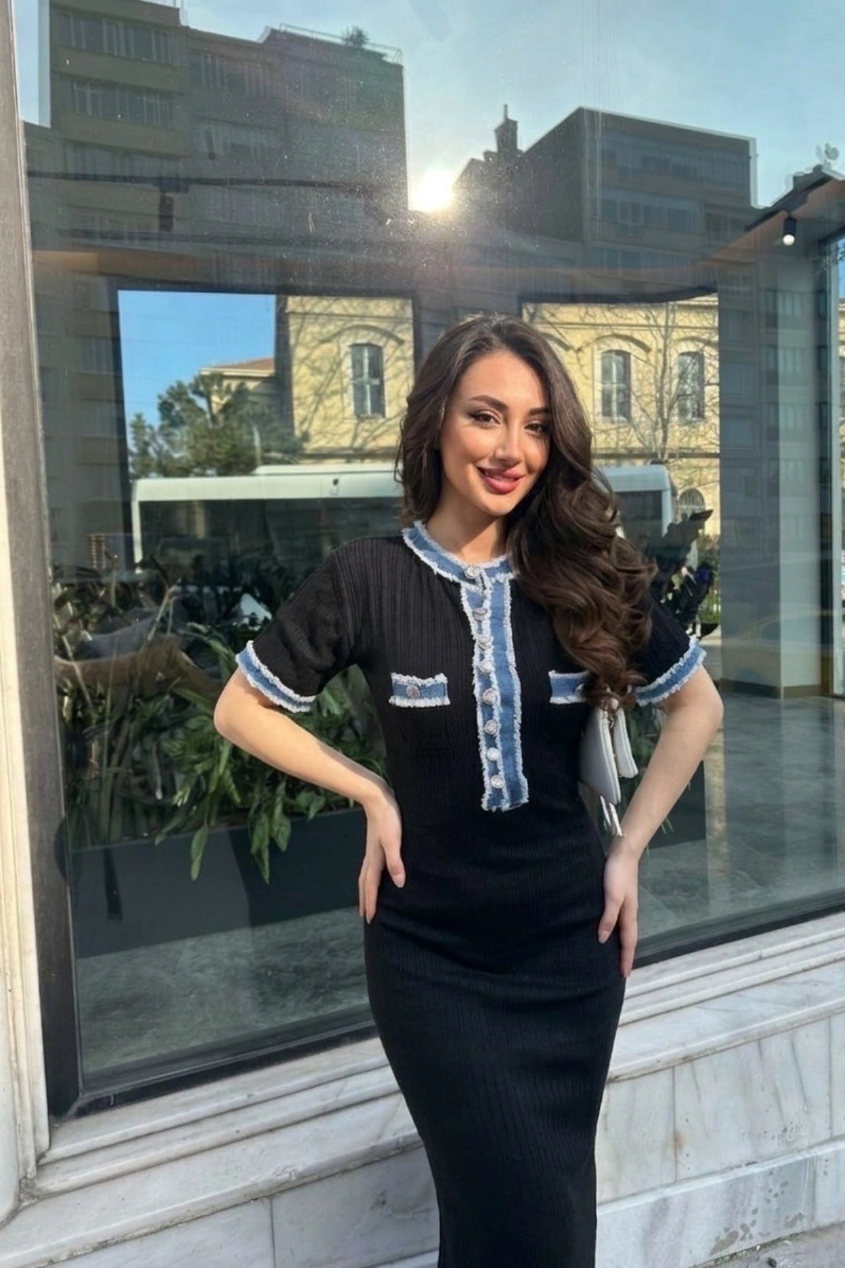 Kadın Siyah Şık Jean Detaylı Düğmeli Uzun Elbise (S/M)