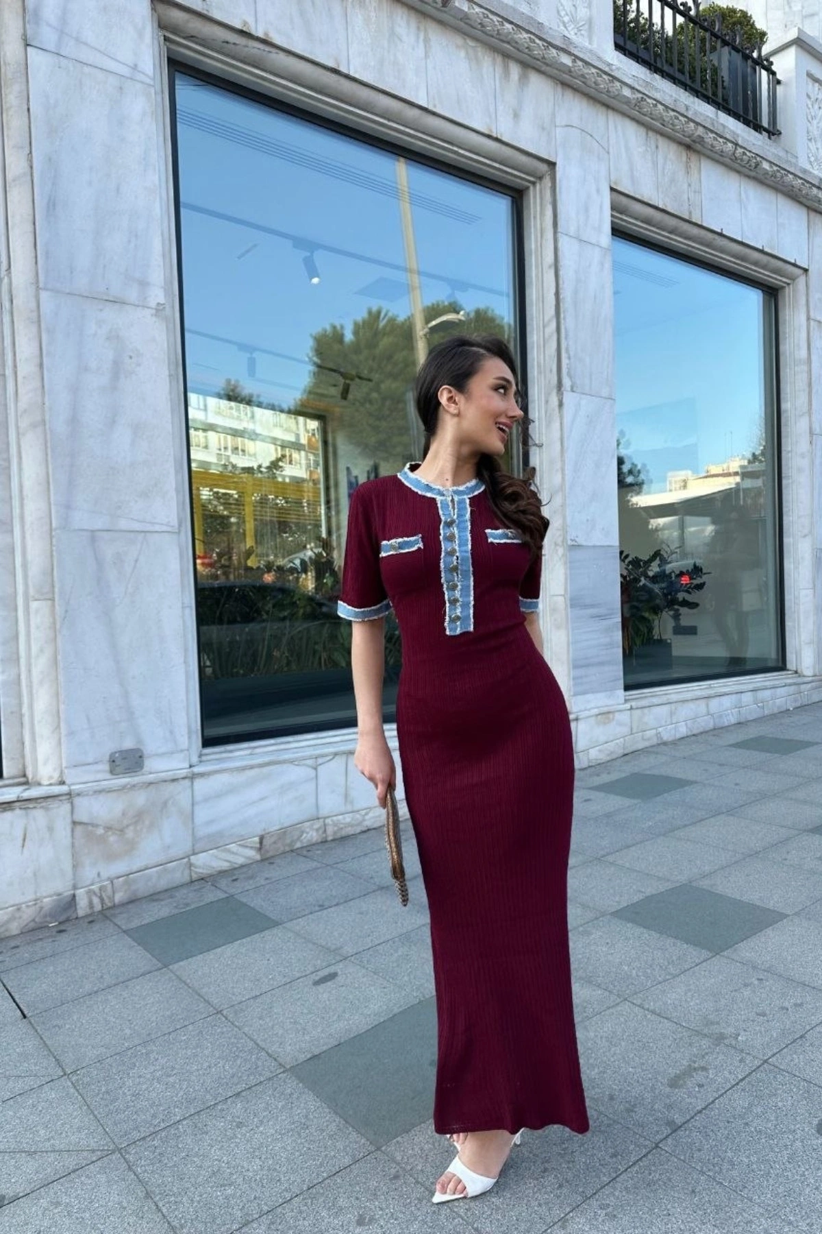 Kadın Bordo Şık Jean Detaylı Düğmeli Uzun Zarif Elbise (S/M)