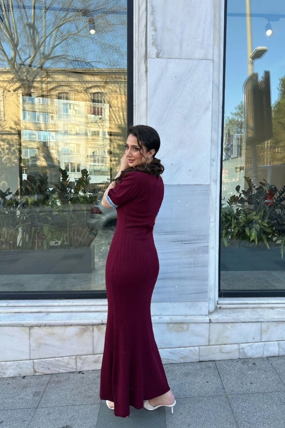 Kadın Bordo Şık Jean Detaylı Düğmeli Uzun Zarif Elbise (S/M)