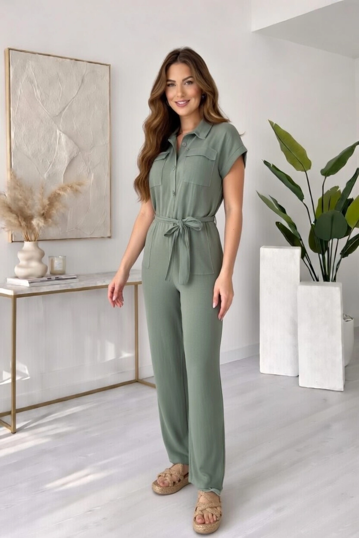 Kadın Yeşil Kuşak Detaylı Cepli Kısa Kol Yazlık Keten Tulum