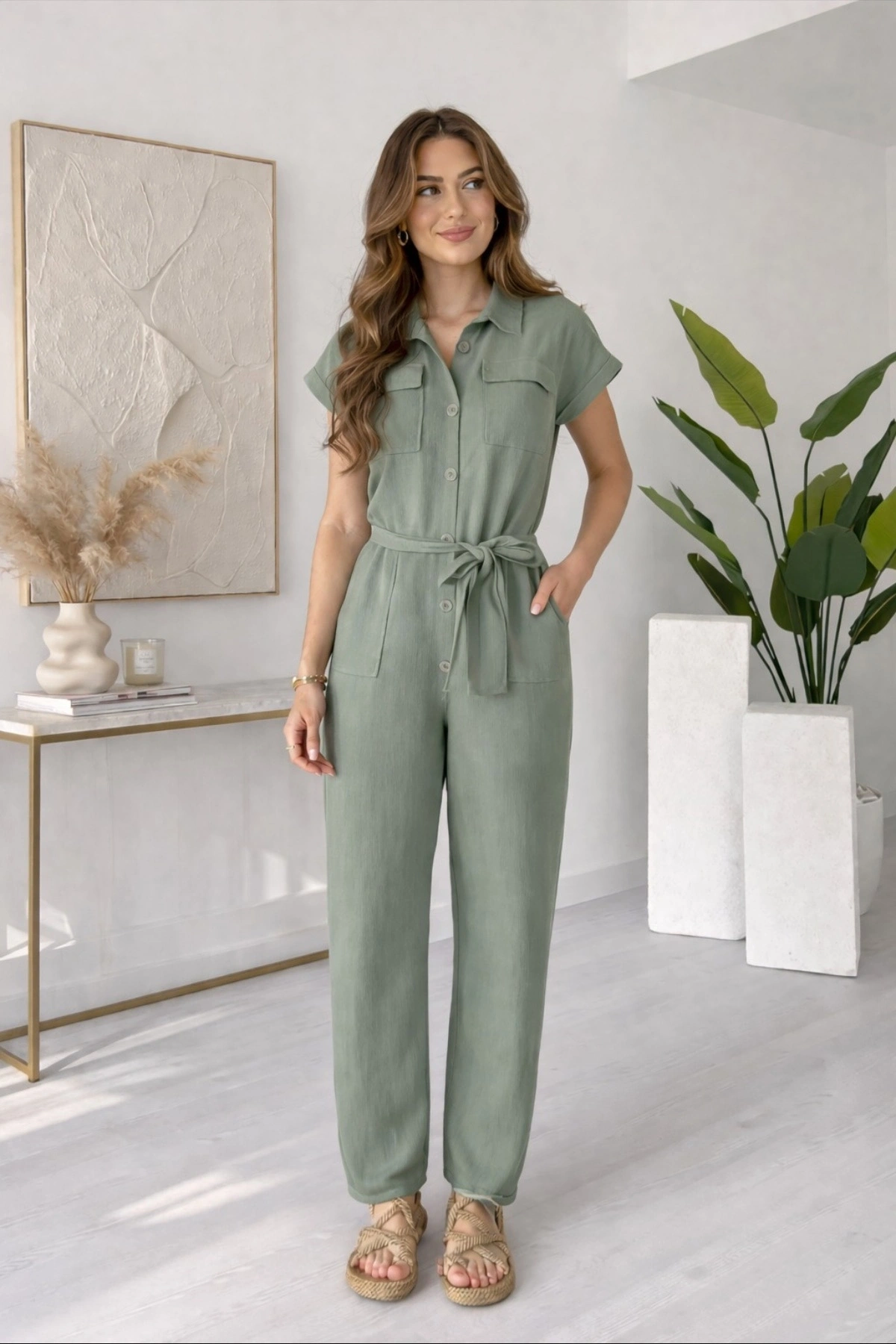 Kadın Yeşil Kuşak Detaylı Cepli Kısa Kol Yazlık Keten Tulum