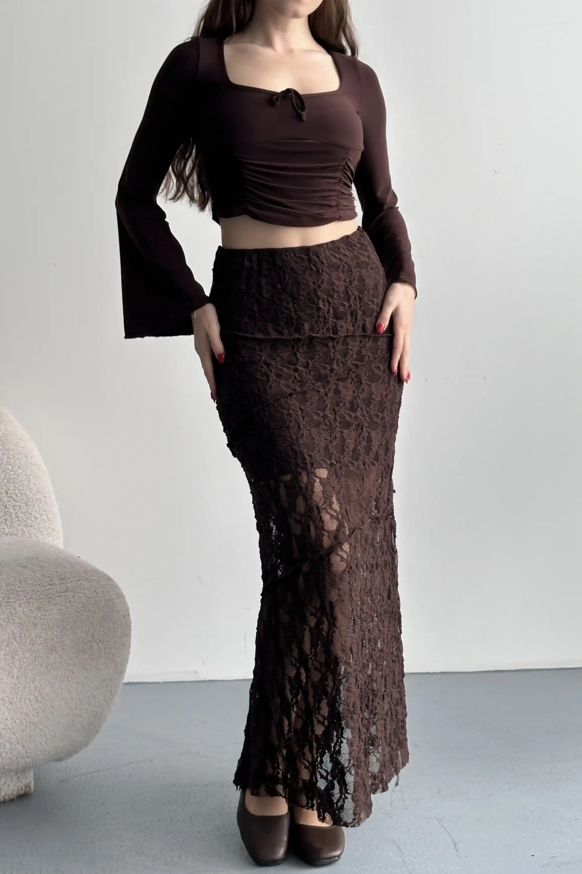 Kadın Kahverengi Dantel Detaylı Yüksek Bel Astarlı Uzun Yazlık Zarif Etek