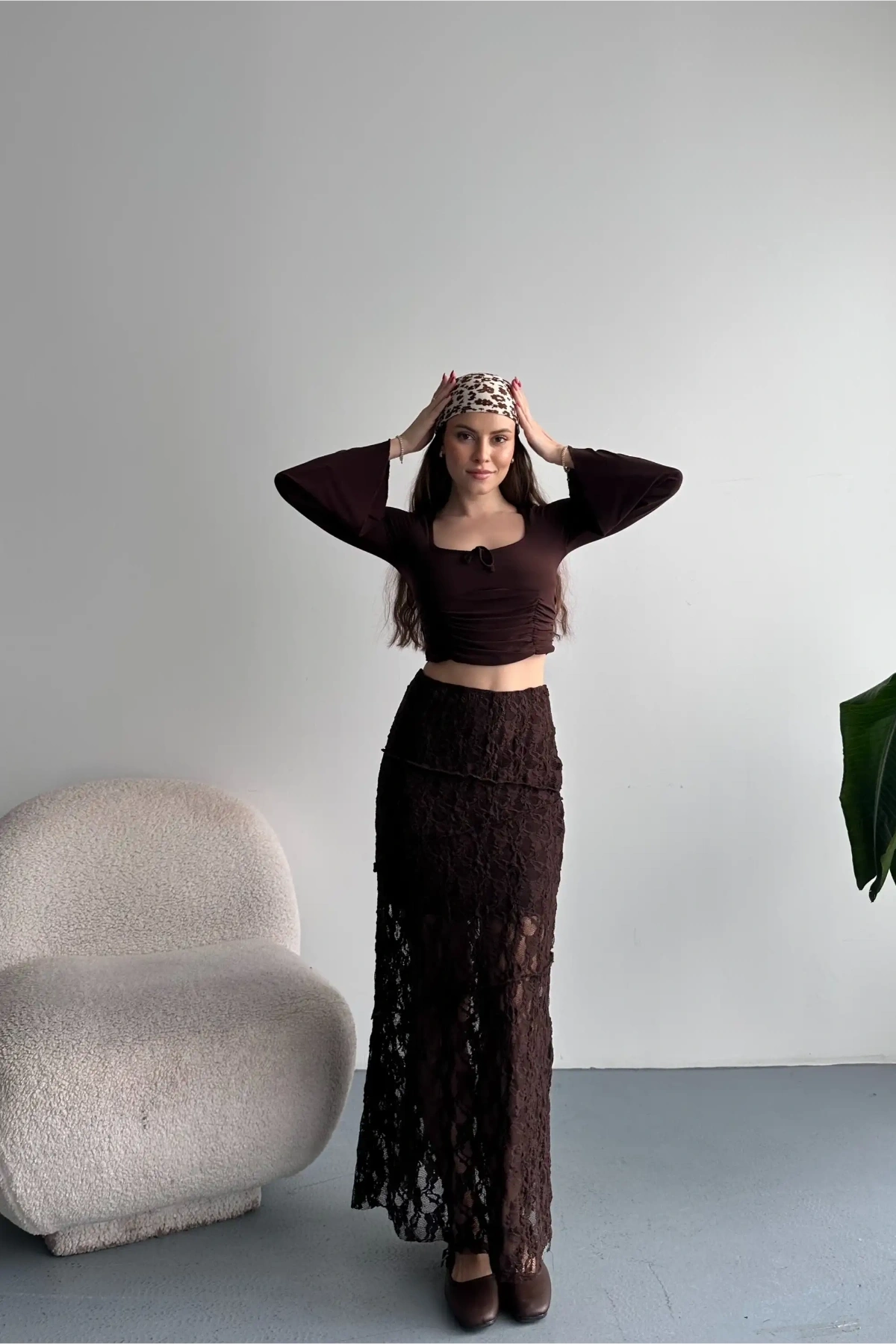 Kadın Kahverengi Dantel Detaylı Yüksek Bel Astarlı Uzun Yazlık Zarif Etek