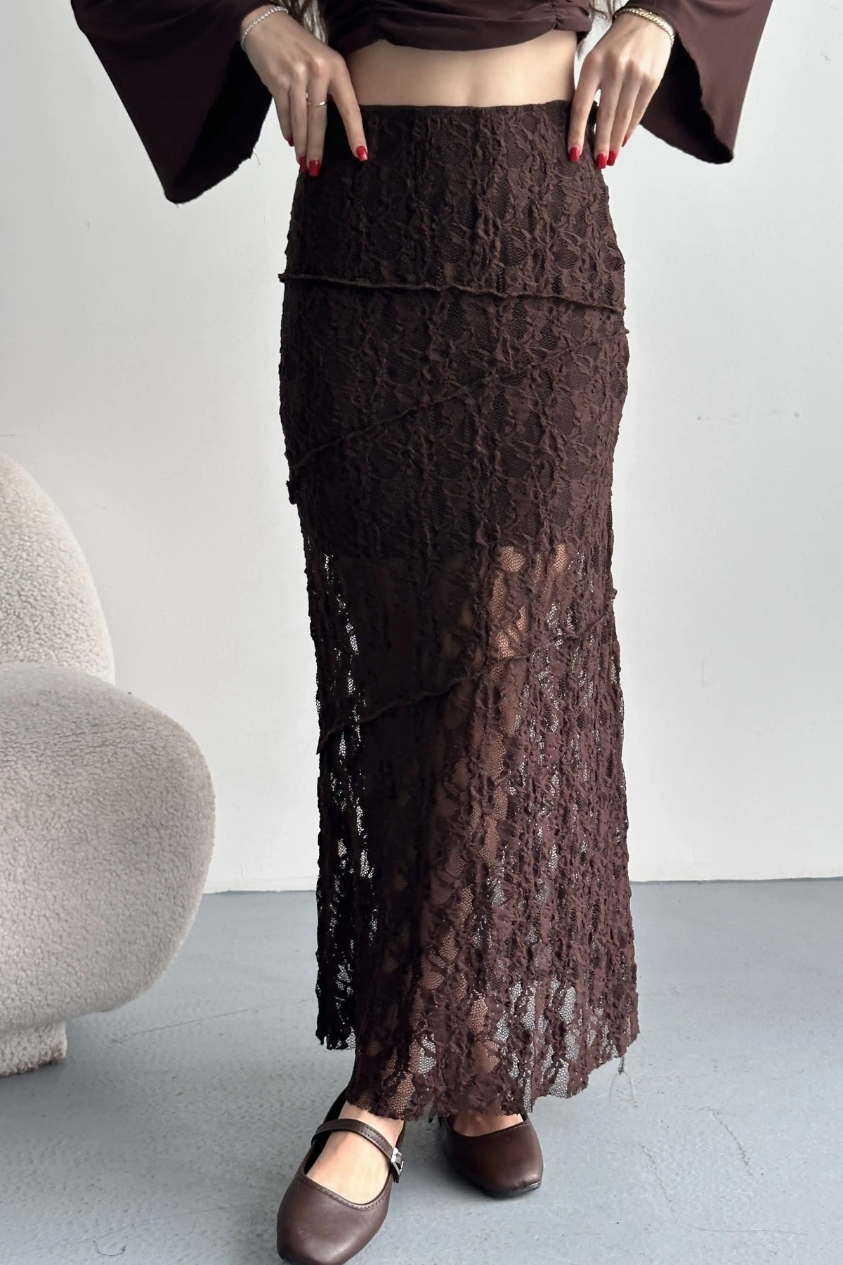 Kadın Kahverengi Dantel Detaylı Yüksek Bel Astarlı Uzun Yazlık Zarif Etek
