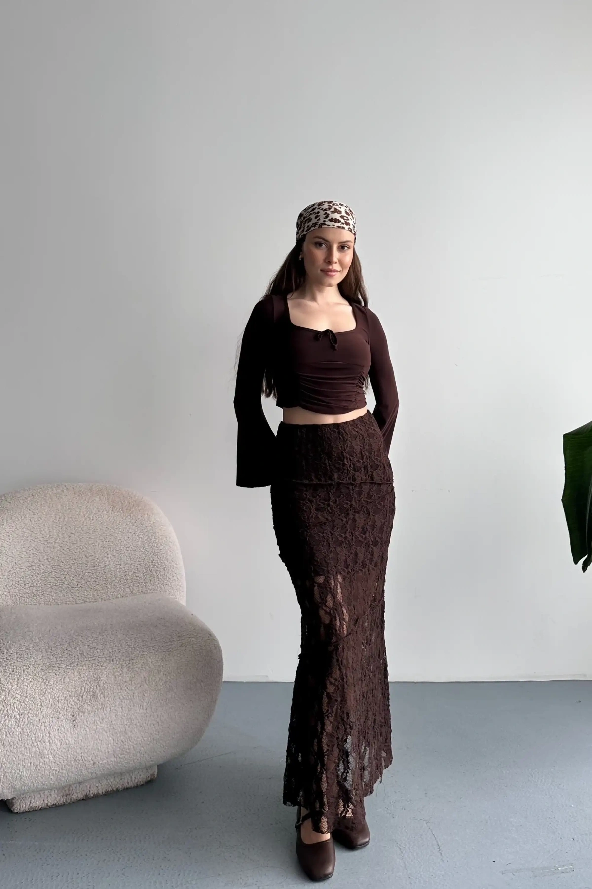 Kadın Kahverengi Dantel Detaylı Yüksek Bel Astarlı Uzun Yazlık Zarif Etek