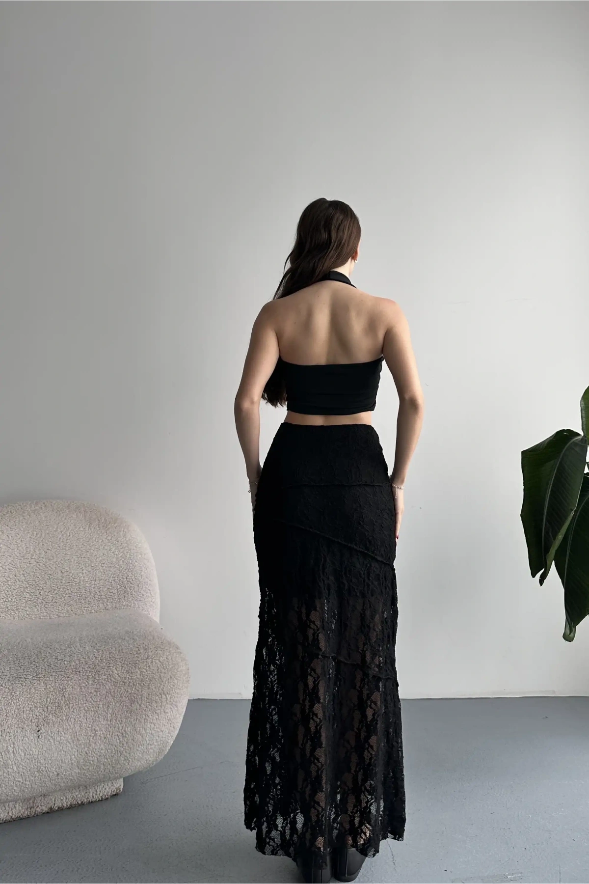 Kadın Kahverengi Dantel Detaylı Yüksek Bel Astarlı Uzun Yazlık Zarif Etek