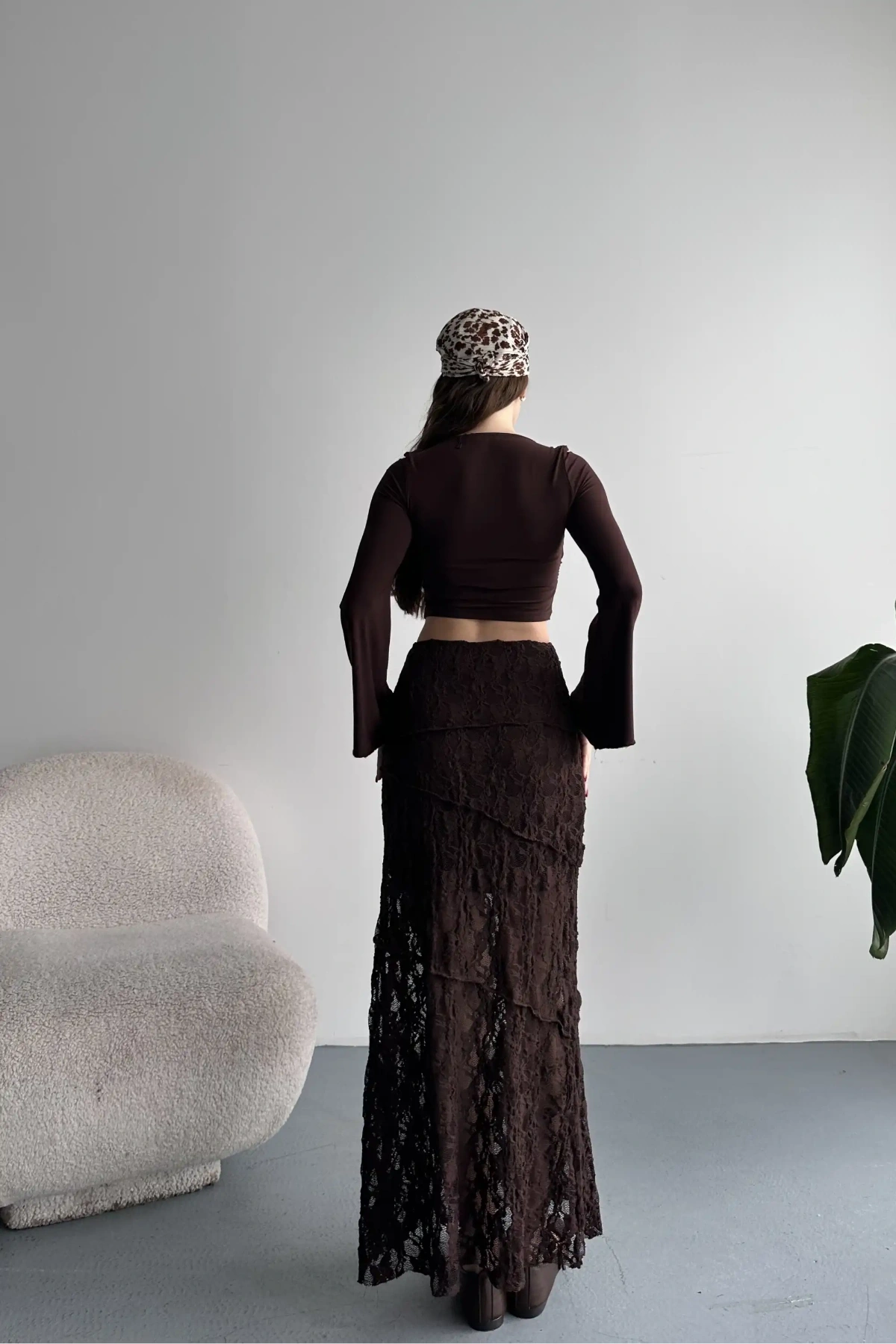 Kadın Kahverengi Dantel Detaylı Yüksek Bel Astarlı Uzun Yazlık Zarif Etek