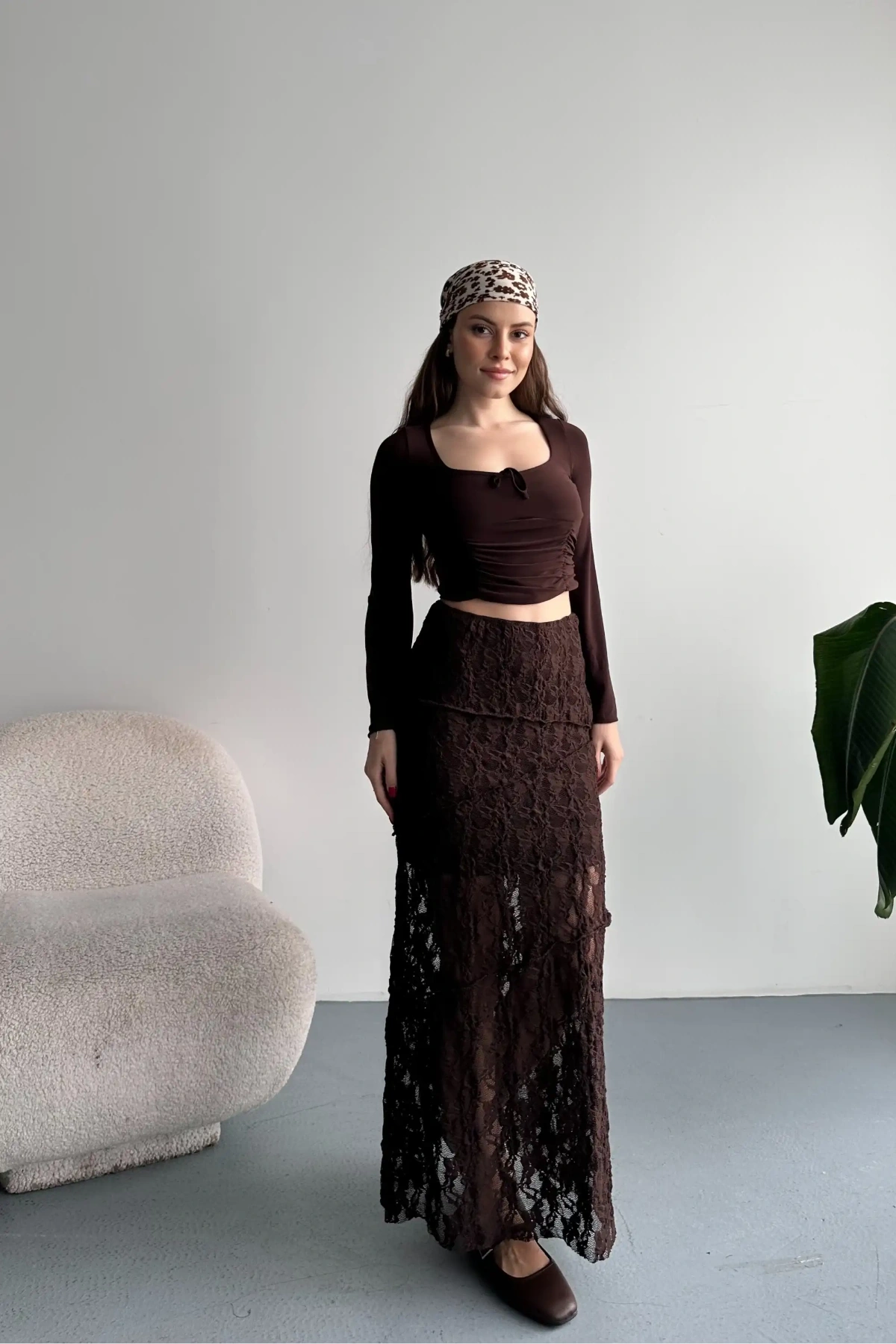Kadın Kahverengi Dantel Detaylı Yüksek Bel Astarlı Uzun Yazlık Zarif Etek