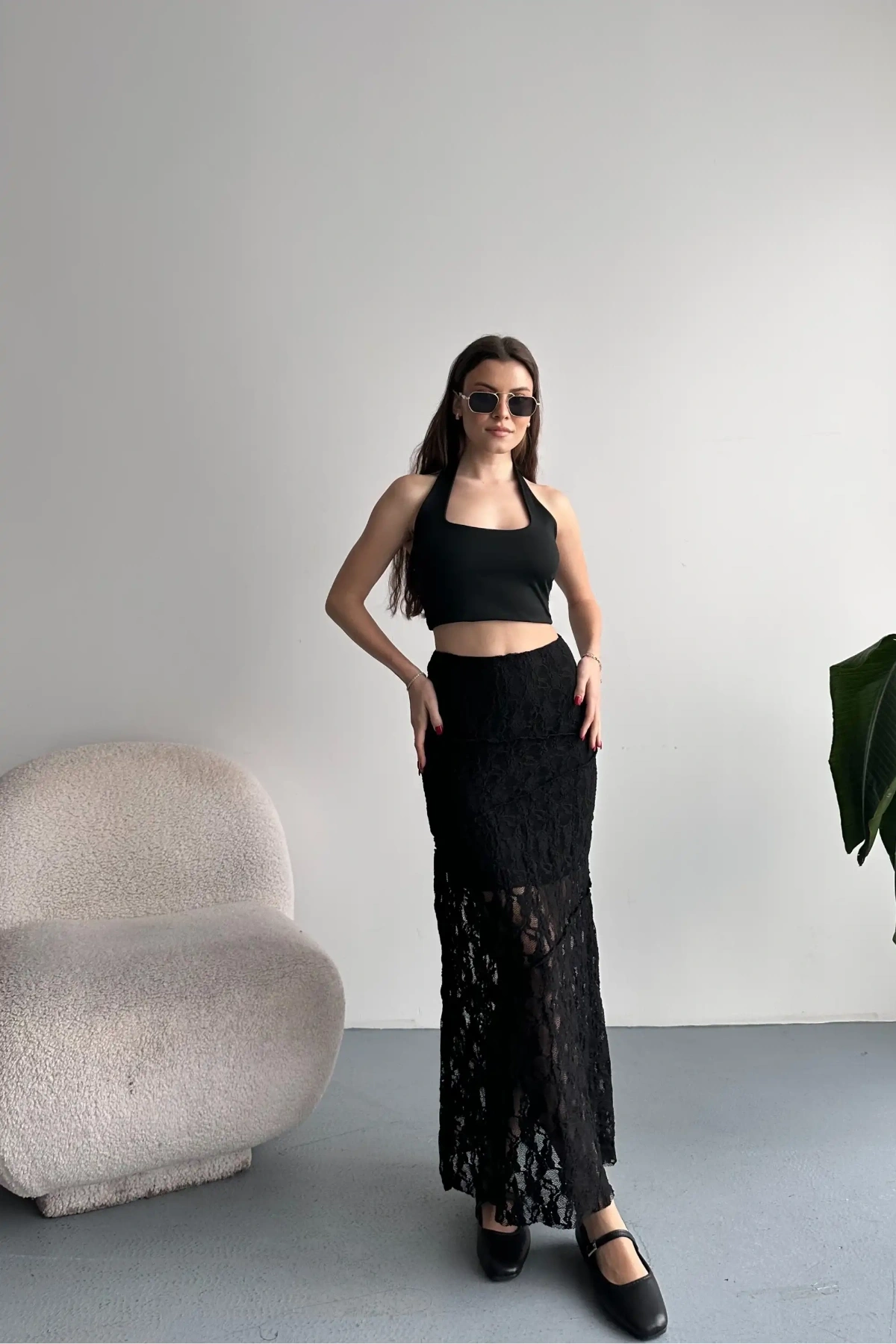 Kadın Siyah Dantel Detaylı Yüksek Bel Astarlı Uzun Yazlık Zarif Etek