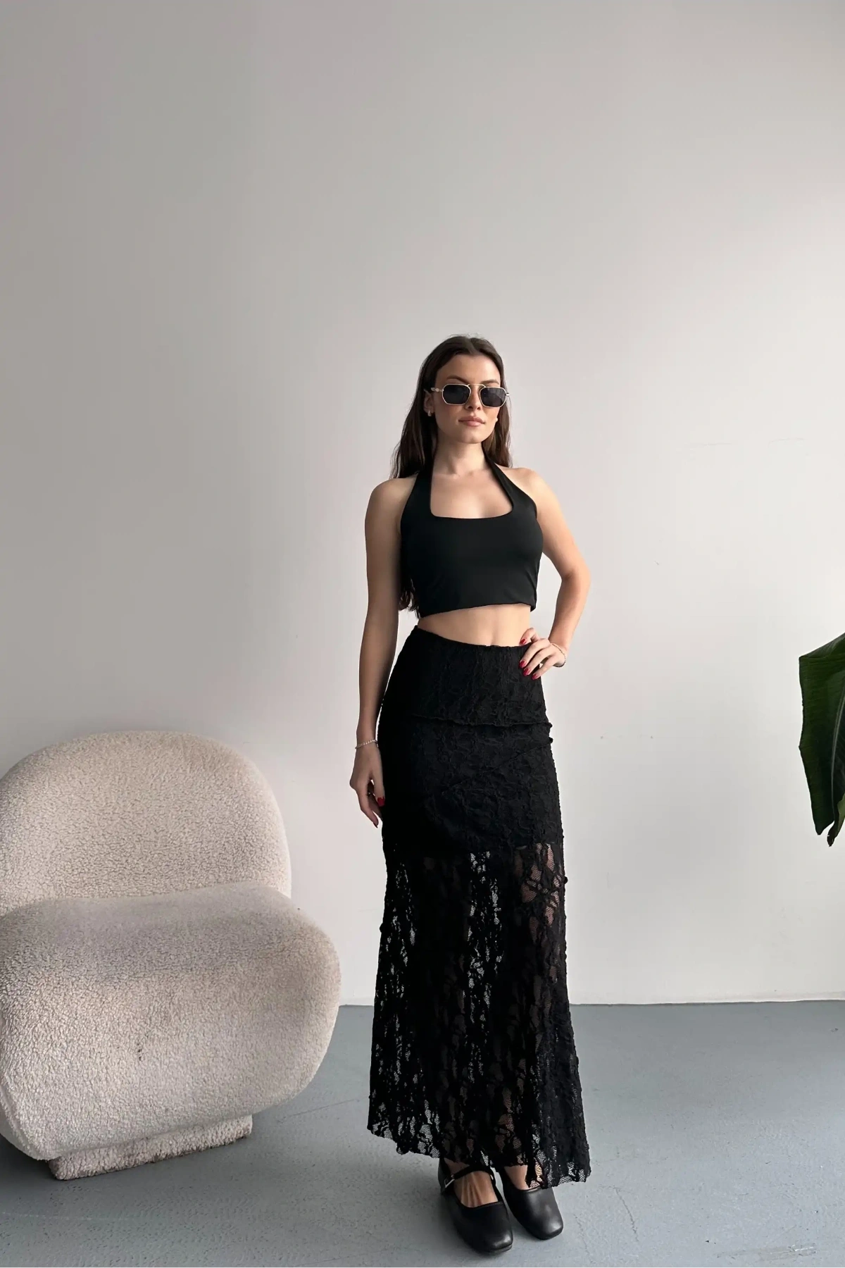 Kadın Siyah Dantel Detaylı Yüksek Bel Astarlı Uzun Yazlık Zarif Etek