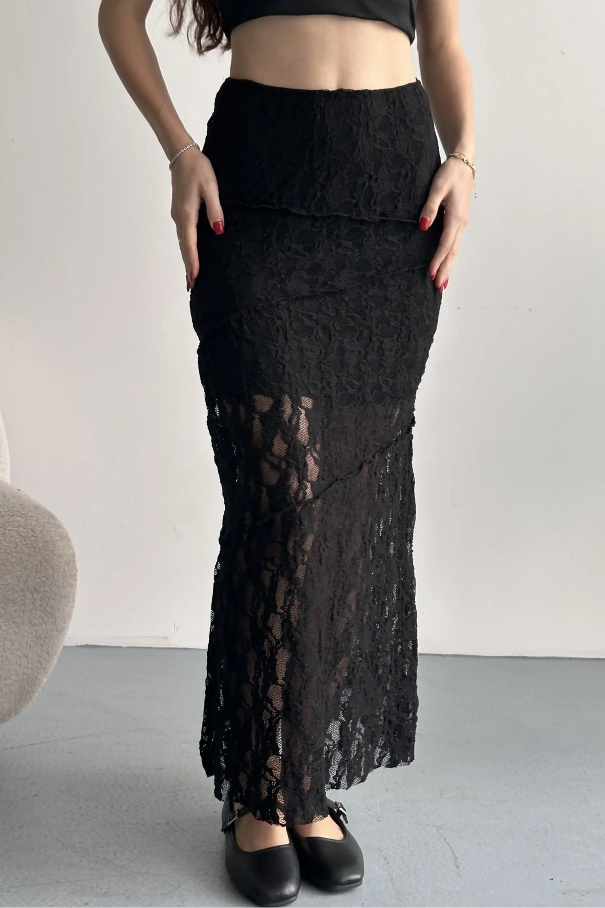 Kadın Siyah Dantel Detaylı Yüksek Bel Astarlı Uzun Yazlık Zarif Etek