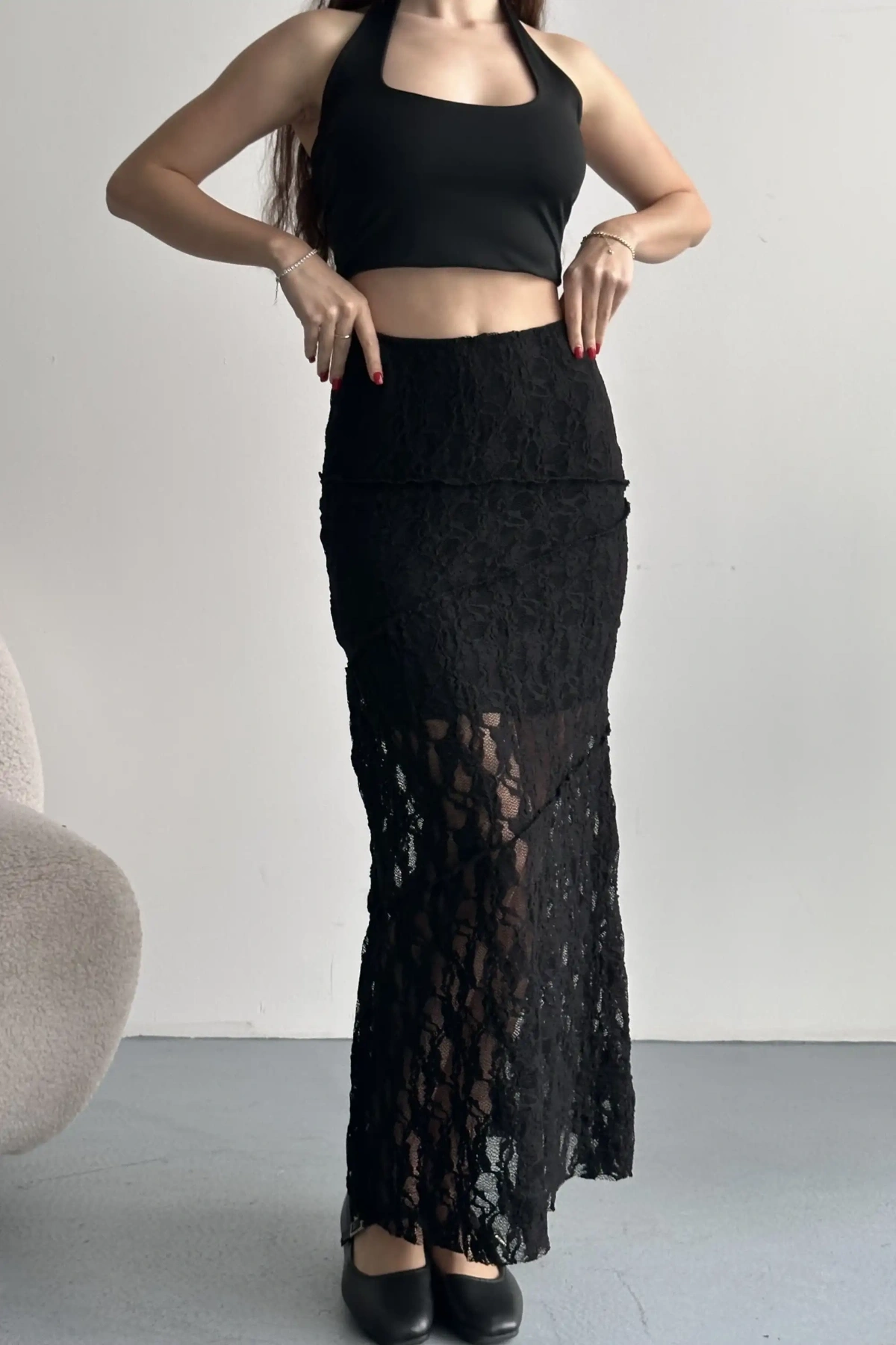 Kadın Siyah Dantel Detaylı Yüksek Bel Astarlı Uzun Yazlık Zarif Etek