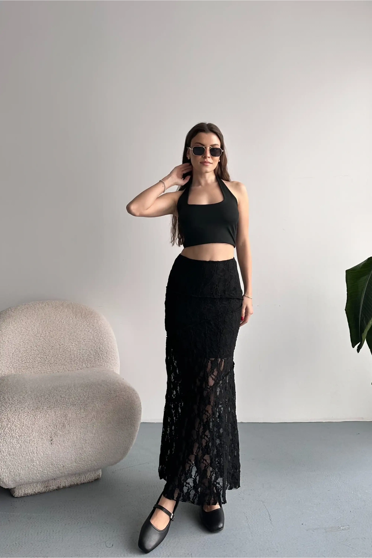Kadın Siyah Dantel Detaylı Yüksek Bel Astarlı Uzun Yazlık Zarif Etek