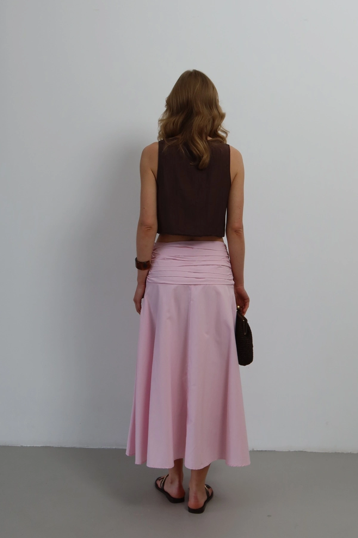 Kadın Pembe Büzgü Detaylı Yüksek Bel Midi Boy Yazlık Etek