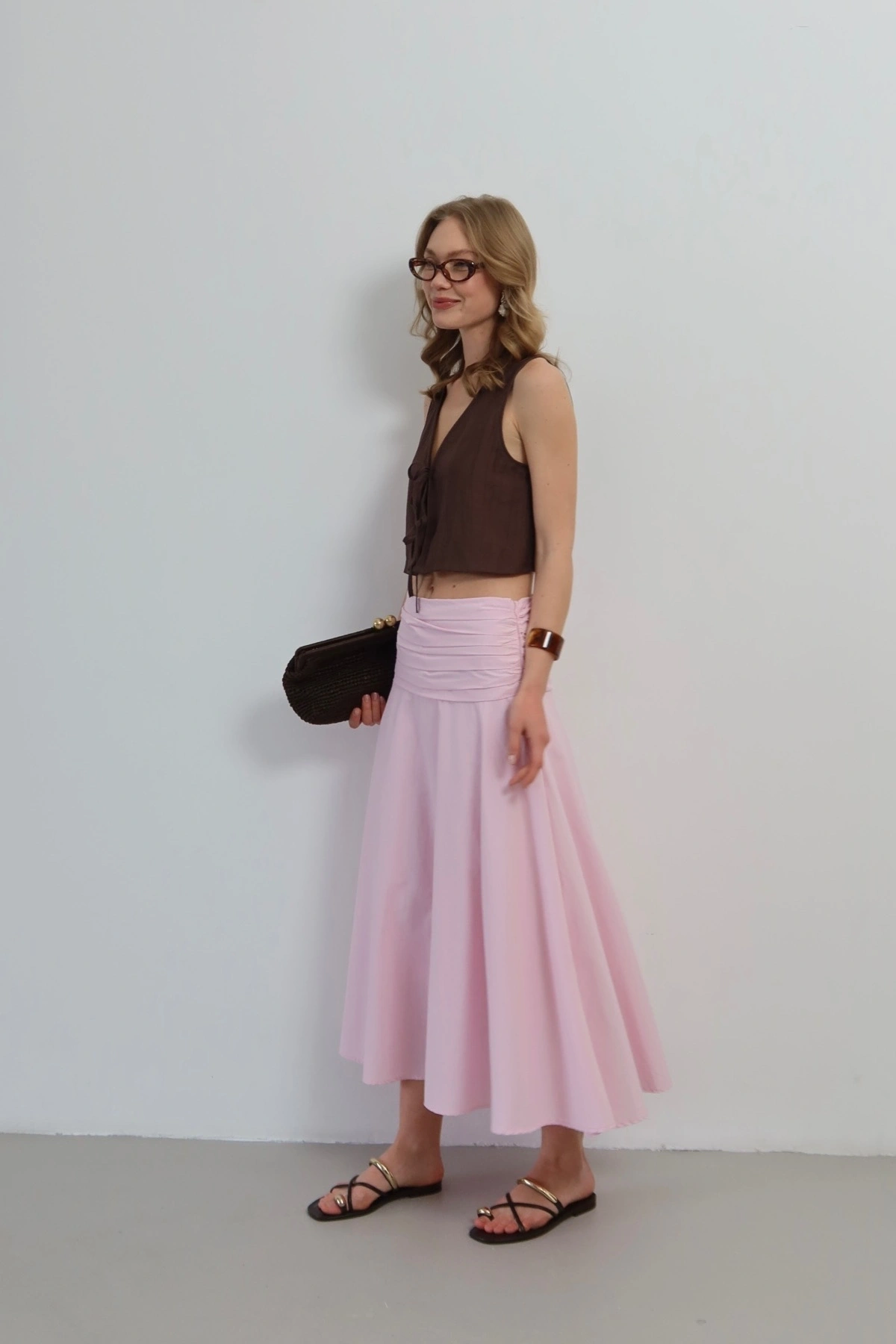 Kadın Pembe Büzgü Detaylı Yüksek Bel Midi Boy Yazlık Etek