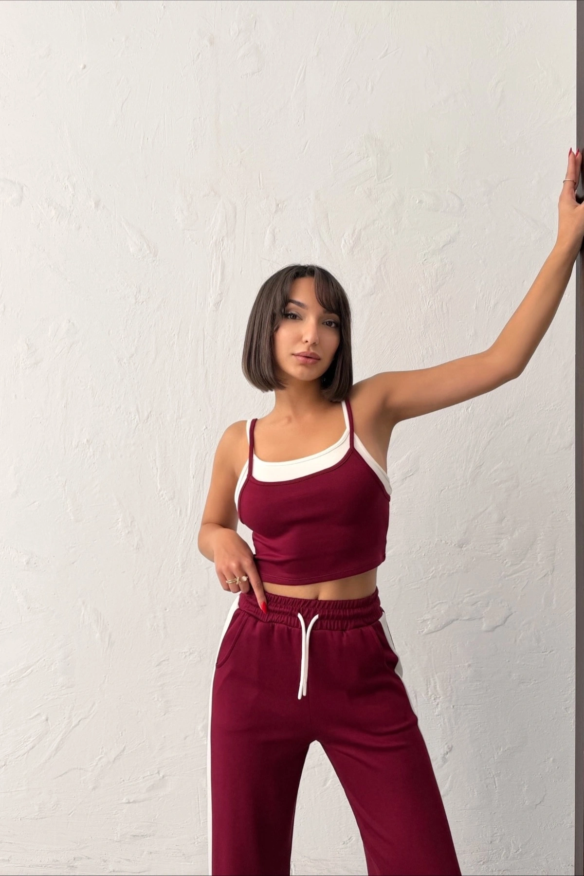 Kadın Bordo Crop Atletli Yüksek Bel Beli Lastikli Geniş Paça Pantolon Alt Üst Yazlık Eşofman Takım