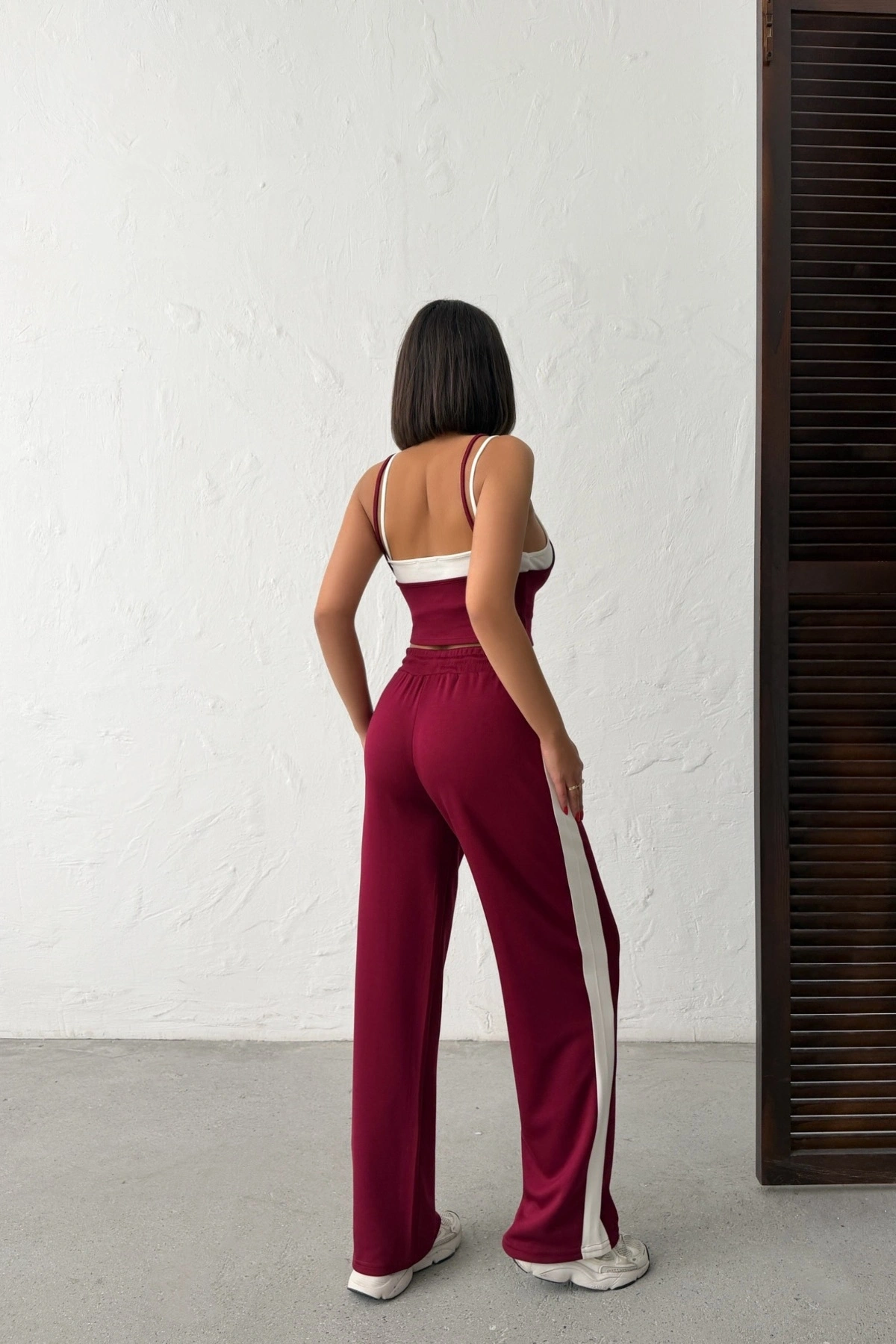 Kadın Bordo Crop Atletli Yüksek Bel Beli Lastikli Geniş Paça Pantolon Alt Üst Yazlık Eşofman Takım