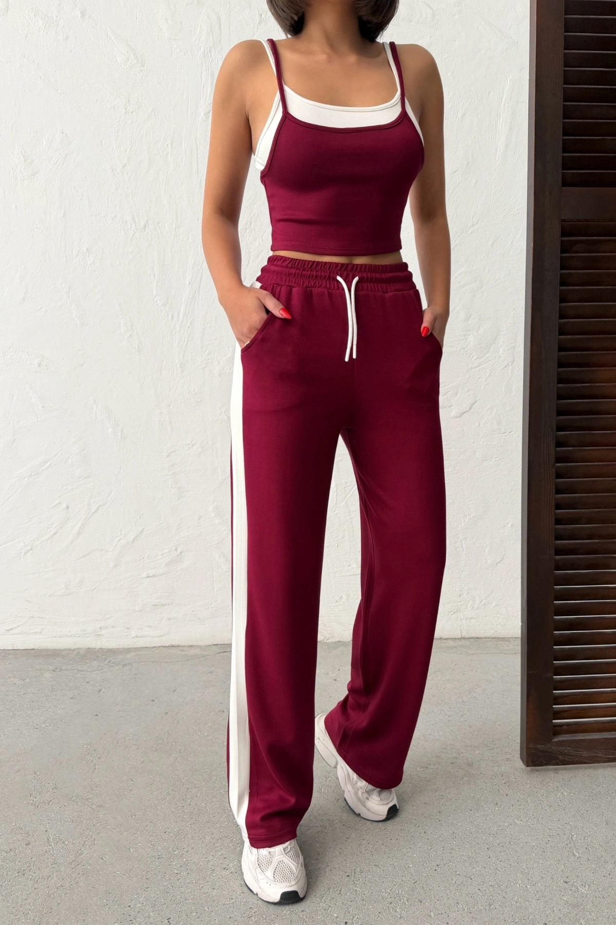 Kadın Bordo Crop Atletli Yüksek Bel Beli Lastikli Geniş Paça Pantolon Alt Üst Yazlık Eşofman Takım