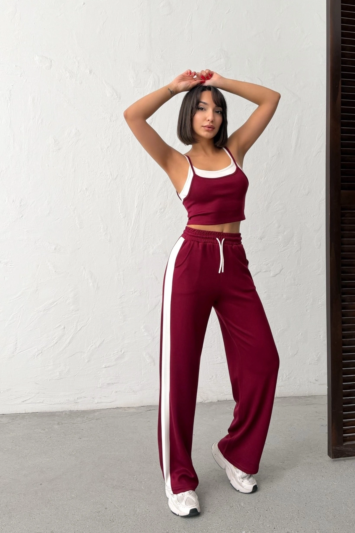 Kadın Bordo Crop Atletli Yüksek Bel Beli Lastikli Geniş Paça Pantolon Alt Üst Yazlık Eşofman Takım