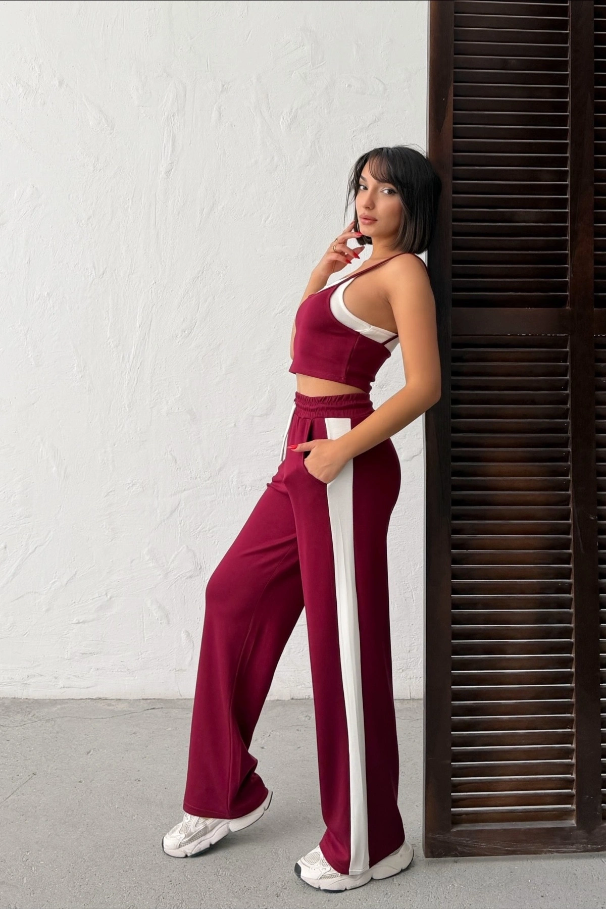 Kadın Bordo Crop Atletli Yüksek Bel Beli Lastikli Geniş Paça Pantolon Alt Üst Yazlık Eşofman Takım
