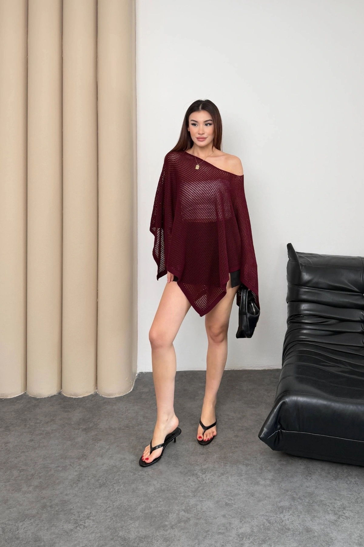 Kadın Bordo Kayık Madonna Yaka Panço Görünümlü Şık Oversize Yazlık Mevsimlik File Bluz