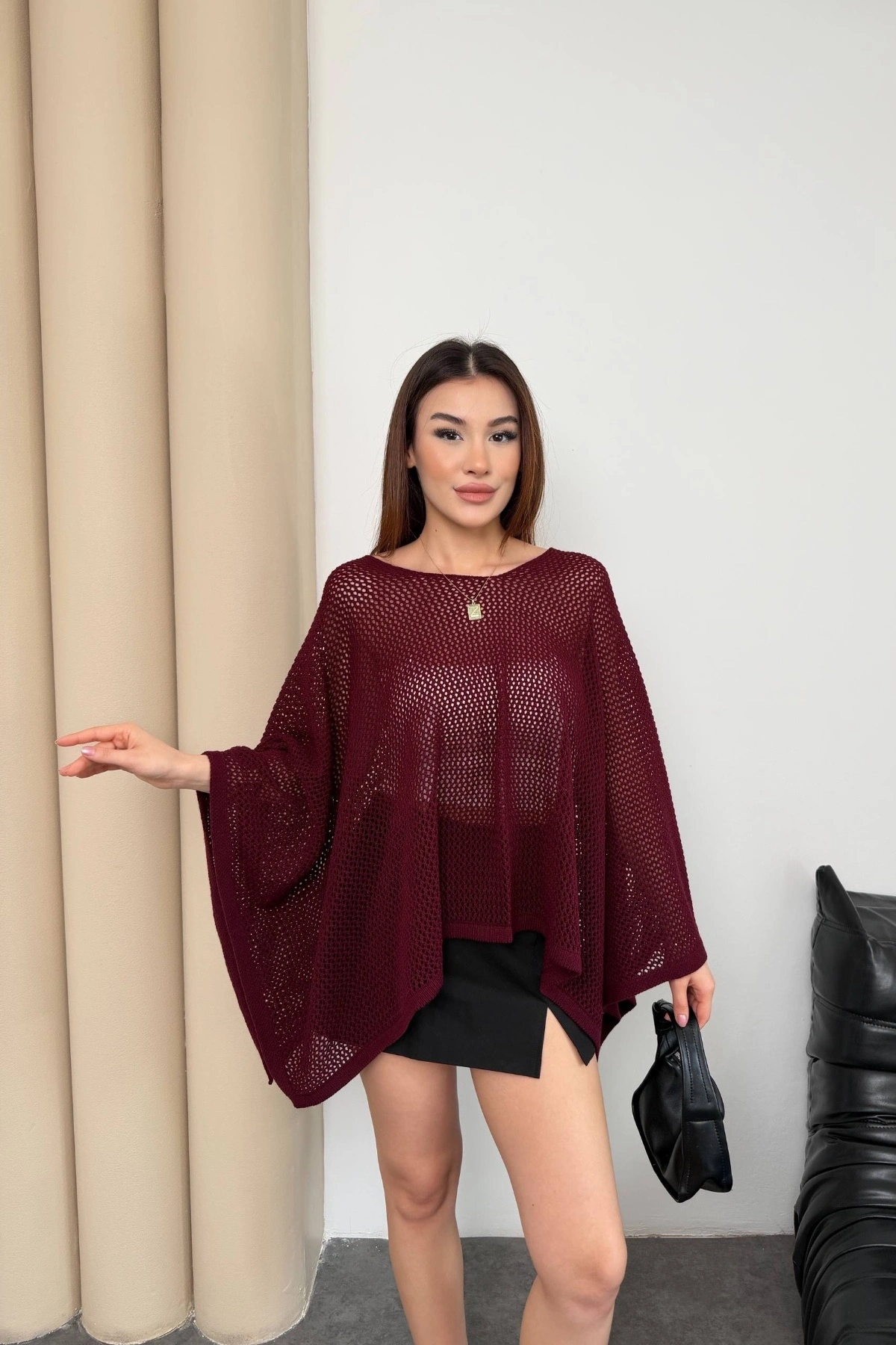 Kadın Bordo Kayık Madonna Yaka Panço Görünümlü Şık Oversize Yazlık Mevsimlik File Bluz