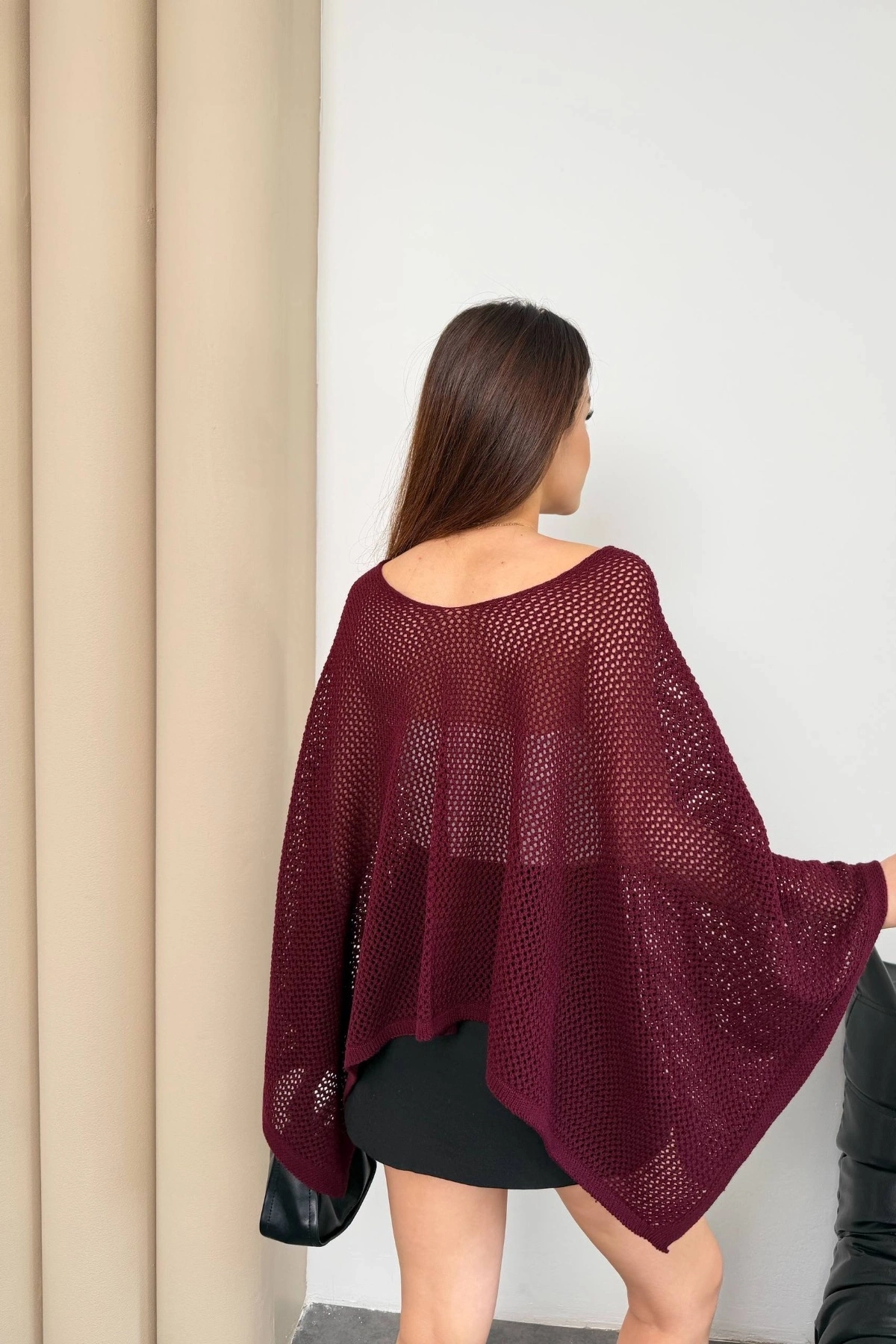 Kadın Bordo Kayık Madonna Yaka Panço Görünümlü Şık Oversize Yazlık Mevsimlik File Bluz