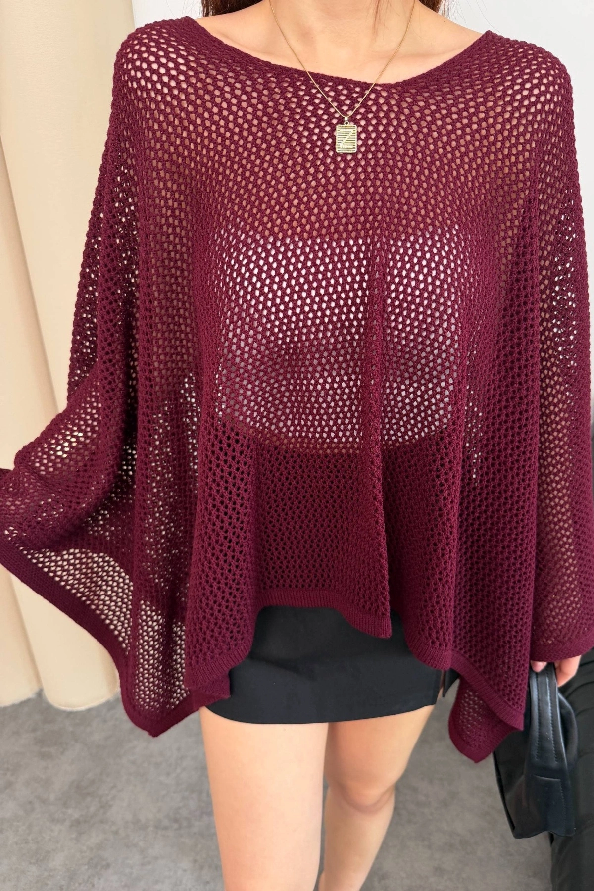 Kadın Bordo Kayık Madonna Yaka Panço Görünümlü Şık Oversize Yazlık Mevsimlik File Bluz