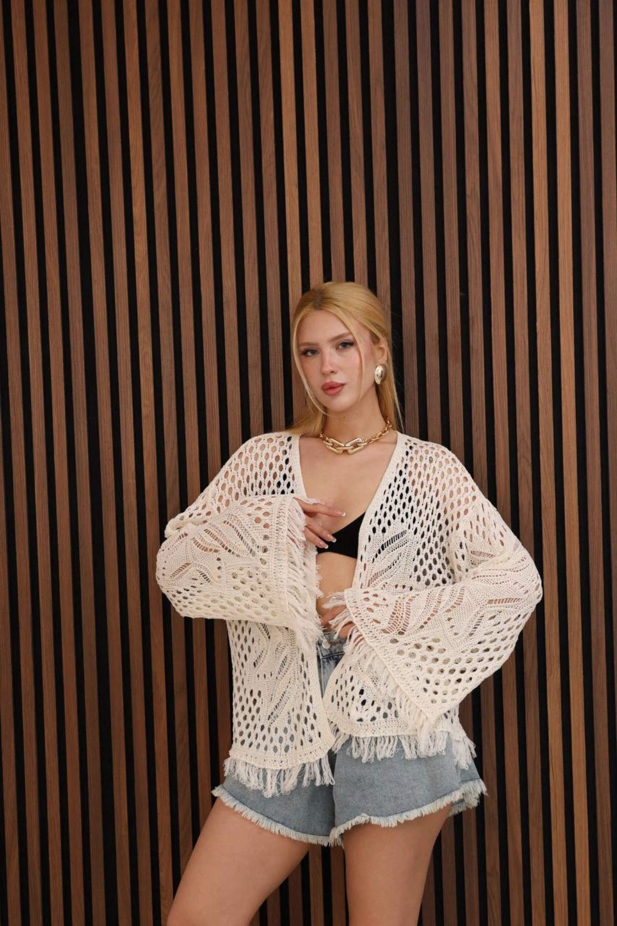 Kadın Ekru Ajurlu Örgü Detaylı Yazlık Salaş Bohem Kimono Hırka