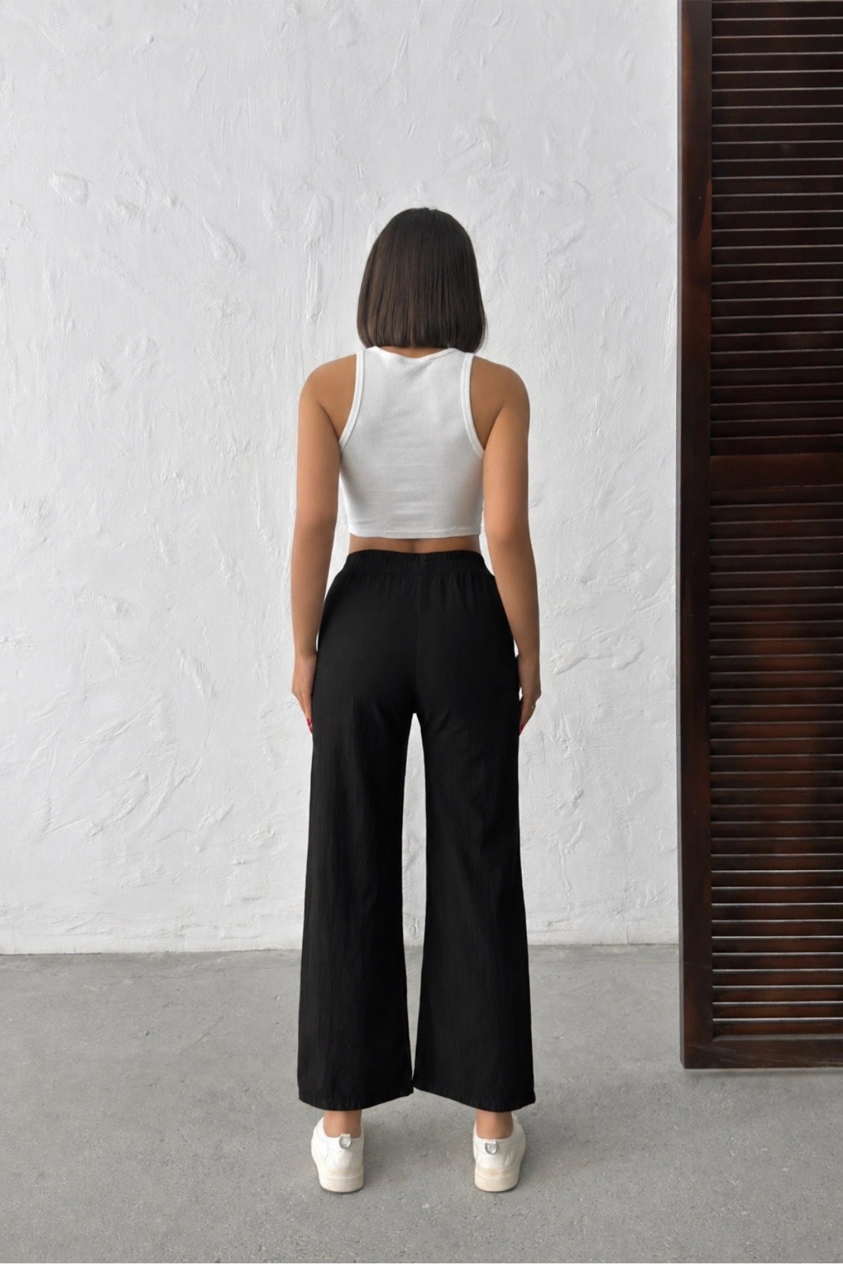 Kadın Siyah Yüksek Bel Beli Lastikli Bol Paça %100 Pamuk Keten Salaş Yazlık Pantolon