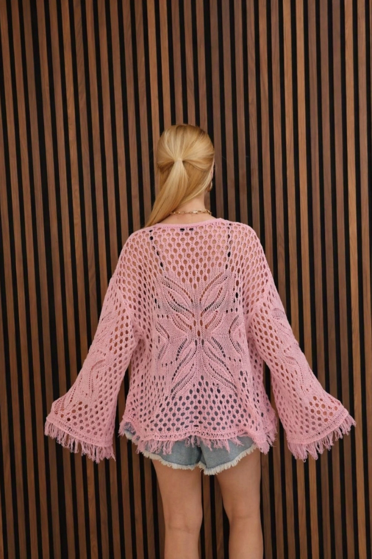 Kadın Pembe Ajurlu Örgü Detaylı Yazlık Salaş Bohem Kimono Hırka