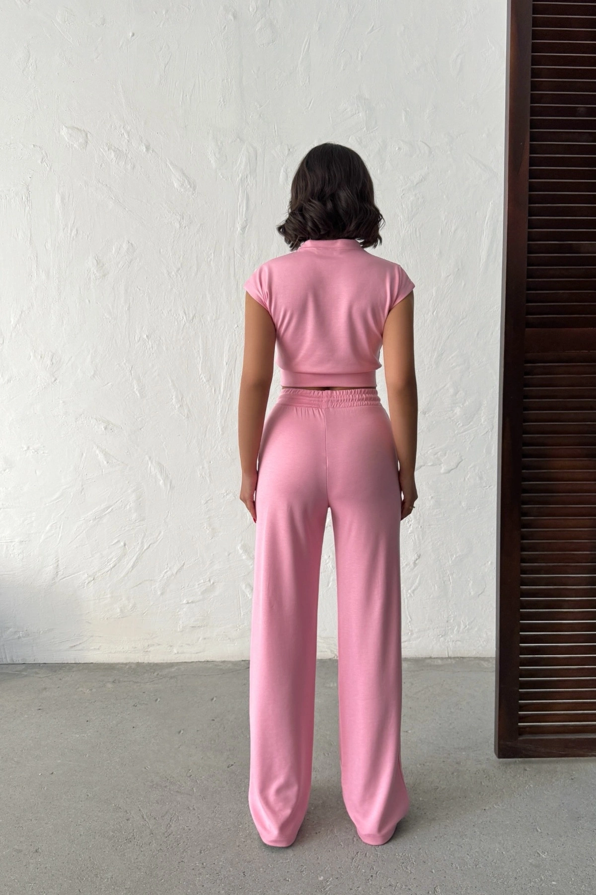 Kadın Pembe Şerit Detaylı Crop Bluz Yüksek Bel Bol Paça Pantolon Alt Üst İkili Takım