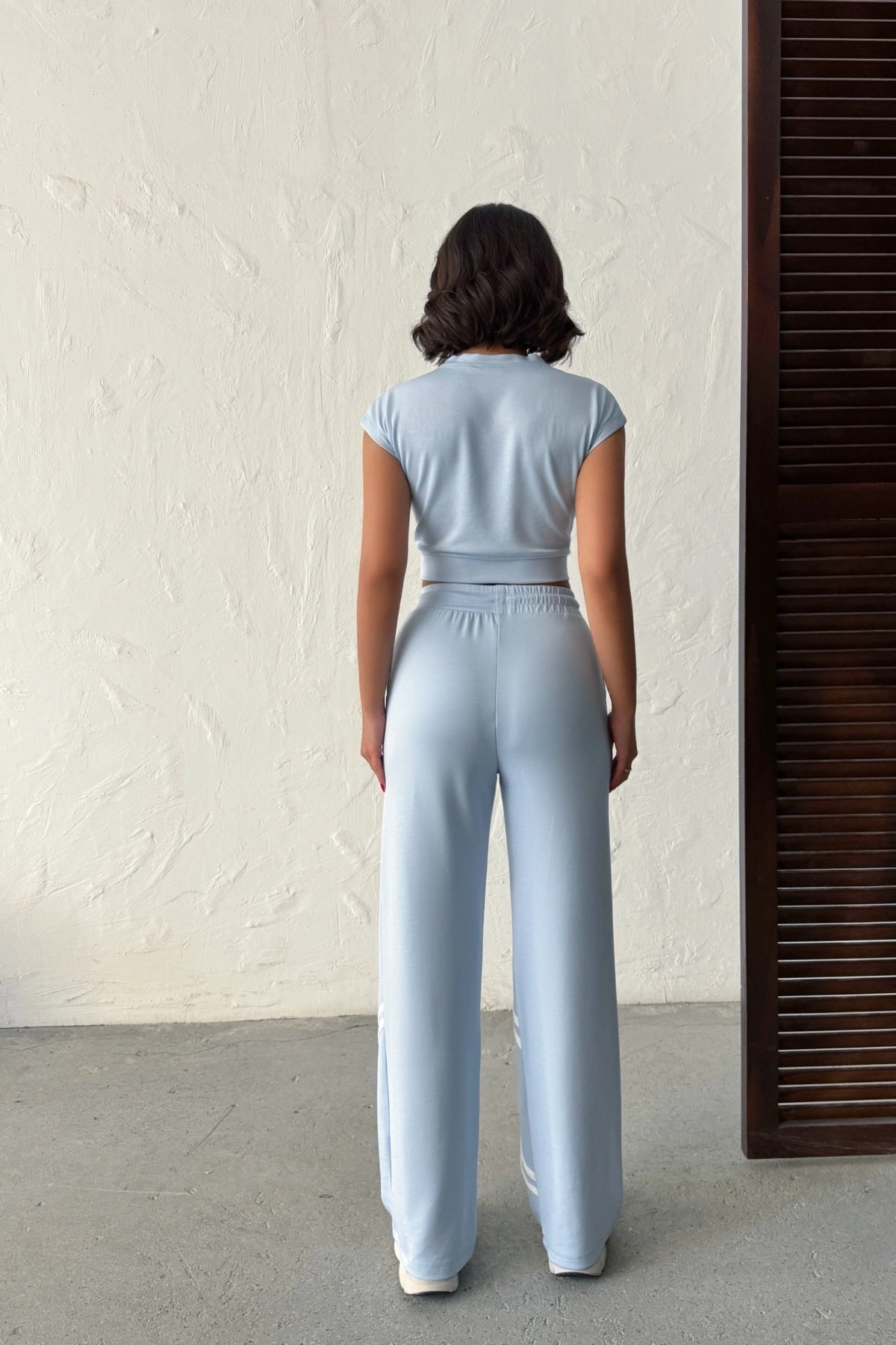 Kadın Yaz Mavisi Şerit Detaylı Crop Bluz Yüksek Bel Bol Paça Pantolon Alt Üst İkili Takım