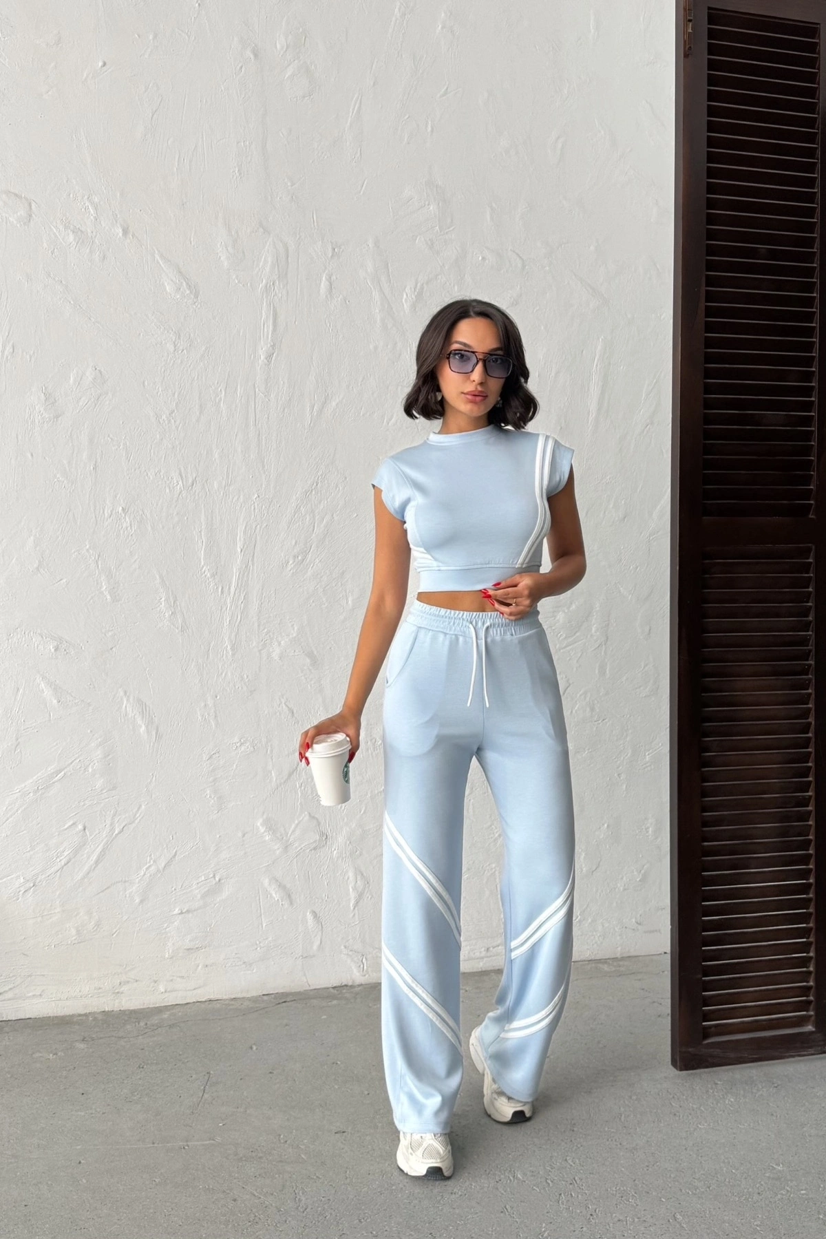 Kadın Yaz Mavisi Şerit Detaylı Crop Bluz Yüksek Bel Bol Paça Pantolon Alt Üst İkili Takım