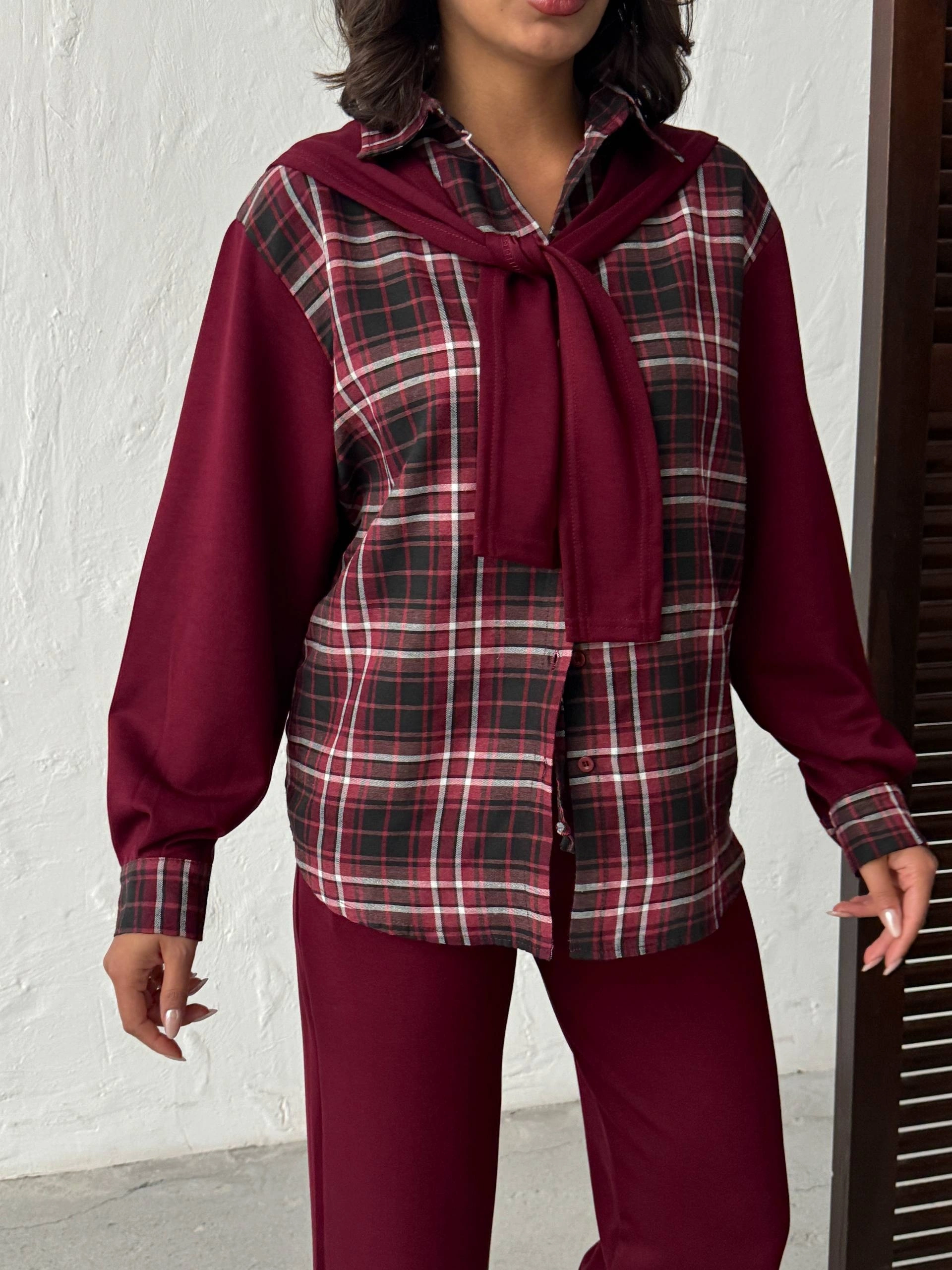 Kadın Bordo Omuzdan Bağlamalı Ekose Gömlek ve Pantolon 2li Takım