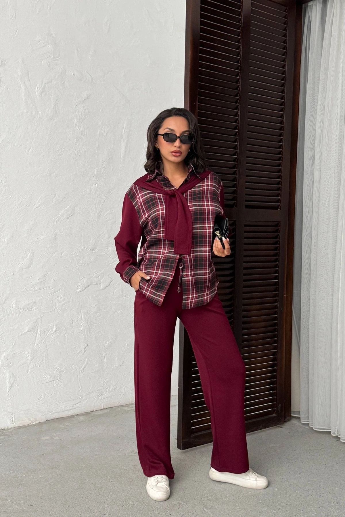 Kadın Bordo Omuzdan Bağlamalı Ekose Gömlek ve Pantolon 2li Takım