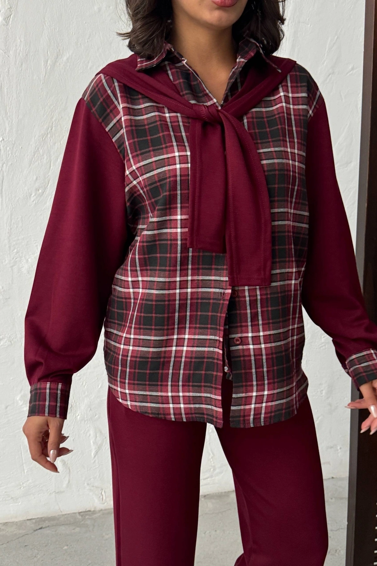 Kadın Bordo Omuzdan Bağlamalı Ekose Gömlek ve Pantolon 2li Takım